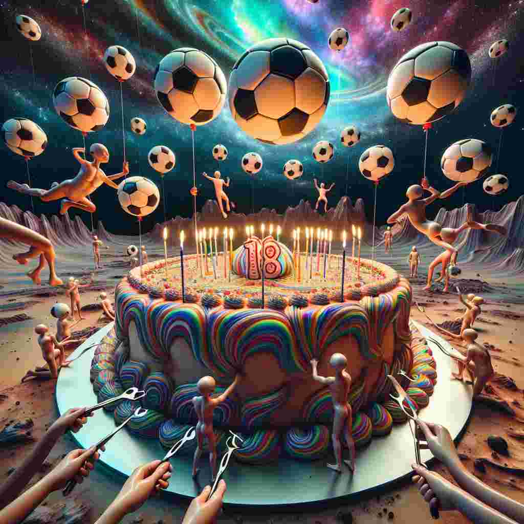 An enormous cake in the center of an otherworldly landscape is adorned with soccer ball-patterned icing. Figures with elongated limbs are floating around it, gently placing candles on top. The sky is a tapestry of vibrant colors spelling out '18 Happy Birthday!' amidst floating balloons shaped like miniature soccer fields.
Generated with these themes: Soccer, and Cake.
Made with ❤️ by AI.