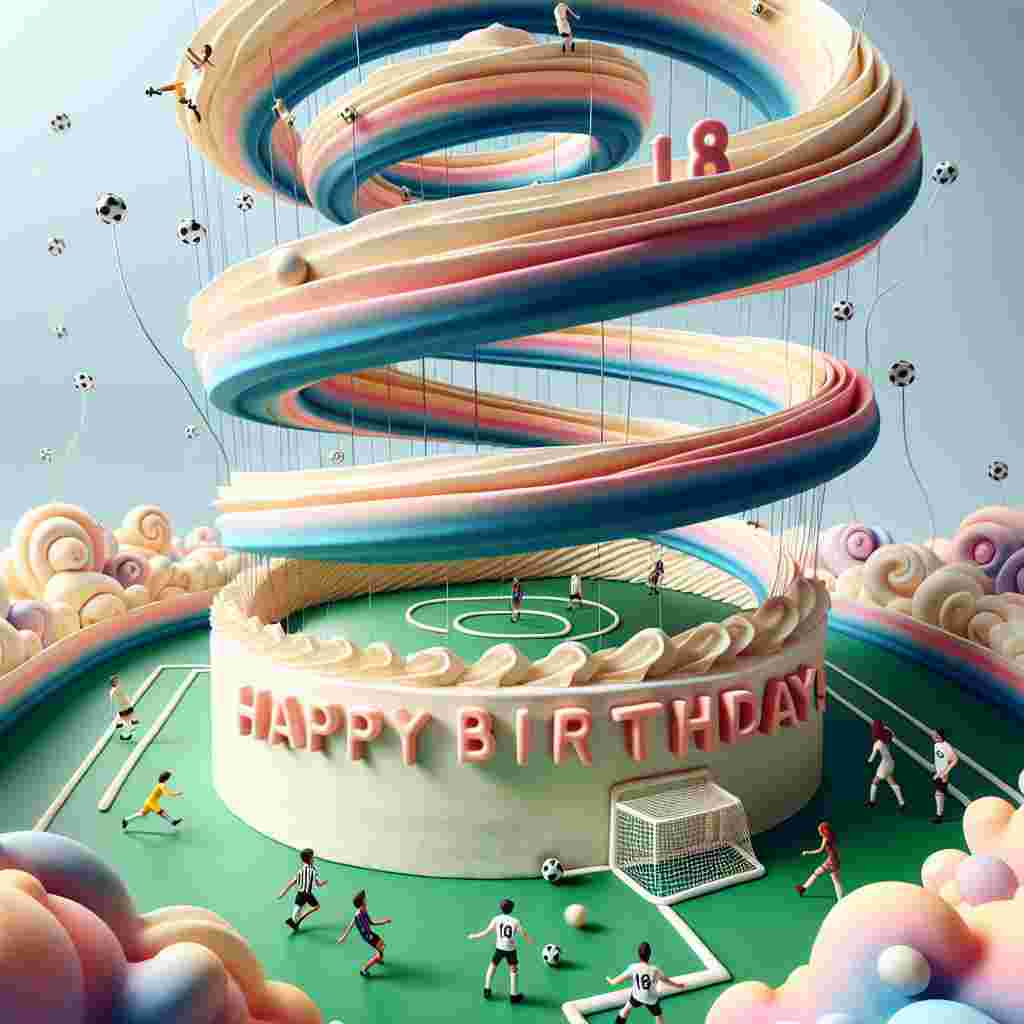 A surreal scene features a cake with layers that twist and defy gravity, each layer representing a soccer field with miniature players engaged in a match. Above this fantastical cake, the message '18 Happy Birthday!' is suspended, each letter entwined in a net, resembling a goalpost against a sky of swirling pastel hues.
Generated with these themes: Soccer, and Cake.
Made with ❤️ by AI.