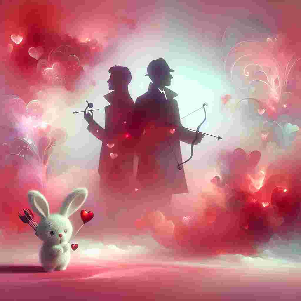 A dreamy Valentine's Day scene unfolds with an abstract, whimsical touch. Positioned against an ethereal backdrop of soft pinks and reds, two silhouettes, encoded with the spirit of an enduring connection beyond the everyday, appear. The figures are reminiscent of a classic detective duo, symbolizing a tender friendship that extends beyond the mortal coil. Floating in this love-infused ambiance is an adorable rabbit figure, reimagined as a cherub. Equipped with a cute little bow, the bunny sends arrows of affection in all directions, creating a scene ripe with heartwarming sentiment.
Generated with these themes: Randall and hopkirk deceased, and Miffy.
Made with ❤️ by AI.