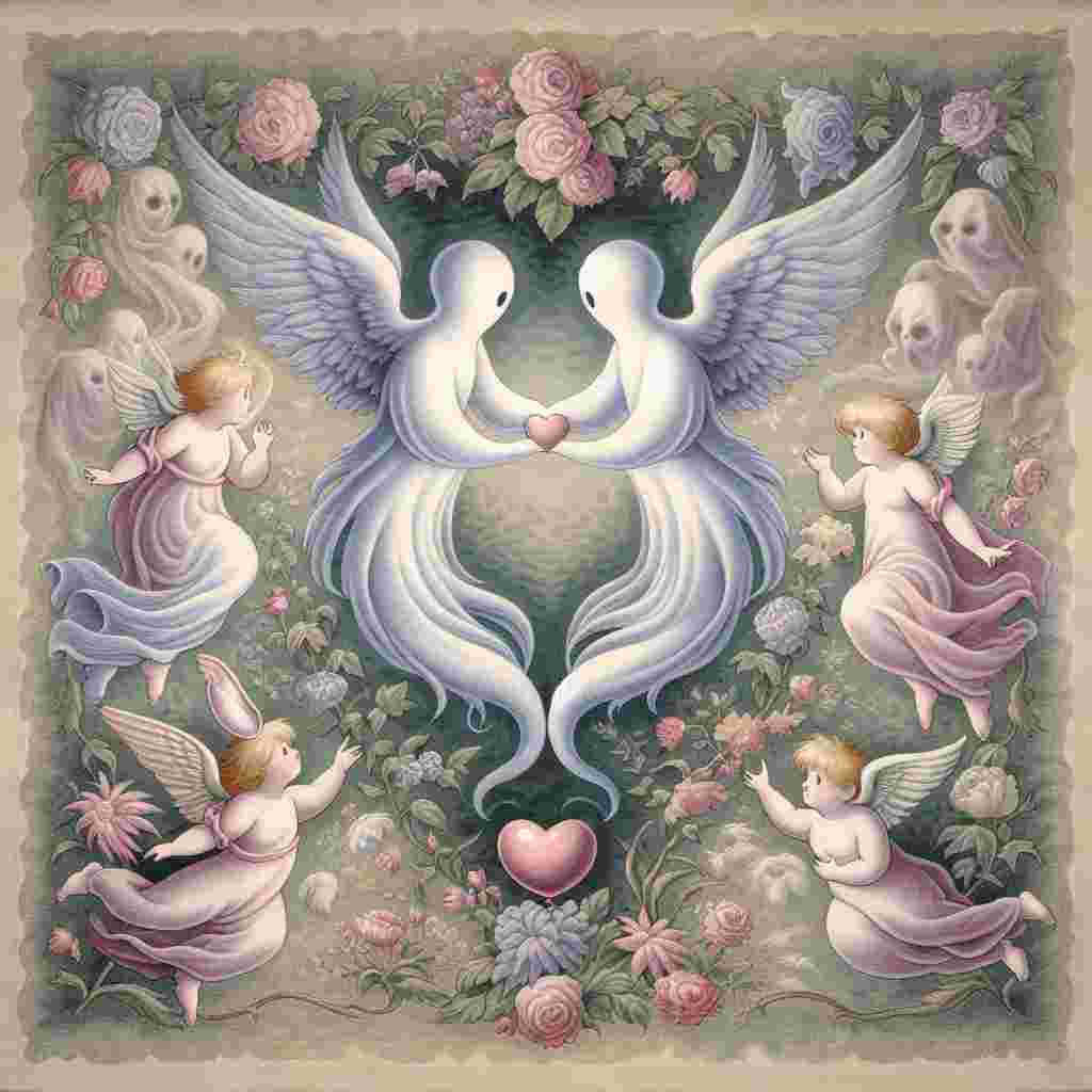 Imagine a romantic tapestry, where the usual expectations are playfully subverted with delightful elements. Central to this scene, two ethereal, ghost-like figures are intertwined, creating a heart shape. Their forms are conveyed in gentle strokes of pastel colors. Around these spectral entities, a whimsical rabbit character is shown playing, decorated with miniature wings and clutching a heart-shaped balloon. The design brings to life an unconventional narrative of love, that surpasses the mundane. It respectfully tributes to classic, well-loved characters within a beautifully abstract Valentine's Day setting.
Generated with these themes: Randall and hopkirk deceased, and Miffy.
Made with ❤️ by AI.