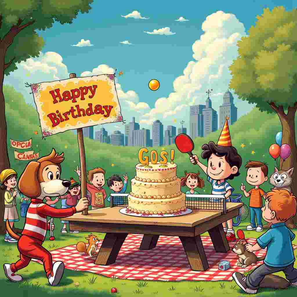 The front cover of the birthday greeting card depicts a whimsical, bustling scene set in a cartoonish park, brimming with vibrant colors and dynamic characters, inspired by the classic and beloved styles of the mentioned artists.

At the center of the scene is a large picnic table draped with a cheerful checkered tablecloth. This table acts as the makeshift table tennis "court," complete with a net made from red-and-white-striped bunting. Two animated characters, a bouncy, beagle-like dog with a Peanuts-esque smile and a lively, mischievous boy reminiscent of Calvin from Calvin and Hobbes, are engaged in an intense, exaggerated game of table tennis. The dog, wearing a tiny, sporty visor, leaps high to return a particularly high shot, while the boy, in a striped shirt and shorts, has just swung his paddle with such enthusiasm that it sent the ball soaring.

In the foreground, a comically large, birthday cake shaped like a table tennis paddle sits prominently on a picnic blanket. The cake's icing spells out "Happy Birthday Lars" in bright, balloon-like letters. The cake's base is surrounded by various little cartoonish woodland creatures, such as a curious squirrel, a wise owl, and a surprised raccoon, all watching the game with wide eyes.

Around the picnic table, a crowd of colorful characters cheer and react to the game. On the left side, a character that looks like Astro Boy holds up a handmade sign that says "Go Lars!" The sign is adorned with sparkly glitter and has tiny LED lights blinking around the edges. On the right side, a group of kids, drawn in a lively Hergé style, hold balloons and wear party hats, with one child pointing up at the ball's high arc in amazement.

In the background, an artistically exaggerated skyline of a whimsical city, with undulating, Dr. Seuss-like buildings and trees, frames the scene. Above it all, the sky is a vibrant blue with fluffy, McCay-inspired clouds forming the words "Lars" as they float lazily by.

Adding an extra layer of fun, a small mouse character, drawing inspiration from Disney's classic animations, peeks out from behind a large, striped candy cane that's inexplicably part of the scenery, holding a tiny table tennis paddle of its own.

The entire scene bursts with playful energy, capturing the joyous chaos of a birthday party intertwined with a spirited game of table tennis, making Lars the star of this lively and unforgettable moment.
Generated with these themes: Tabletennis.
Made with ❤️ by AI.