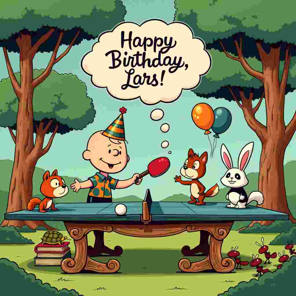 The front cover of the birthday greeting card showcases a vibrant and whimsical scene inspired by a mashup of iconic cartoon styles. The setting is a lush, park-like environment with rolling green hills and towering, exaggerated trees that have a fantastical, almost Seussian quality. In the center of the scene is an enormous, elongated ping-pong table, whimsically drawn with exaggerated curves and ornate, vintage detailing that gives it a playful yet classic look.

On one side of the table stands Lars, our birthday hero, depicted as a lovable cartoon character with a big grin and wide, expressive eyes, reminiscent of Peanuts' Charlie Brown. Lars is mid-swing with a comically oversized ping-pong paddle, sending a ball soaring across the table. Lars is wearing a party hat that’s slightly askew and a colorful shirt with whimsical, mismatched patterns—think Calvin and Hobbes' bold, chaotic designs.

On the opposite side of the table is a motley crew of cartoon animals who are Lars' opponents. There's a squirrel dressed in a tiny tuxedo, reminiscent of a Disney character, standing on a stack of books to reach the table height. Beside the squirrel is a panda with a headband, looking intensely focused like an anime character from Osamu Tezuka’s works. There’s also a rabbit with exaggerated, comically long ears that stretch to the sky, and a turtle that’s just barely peeking over the table’s edge, inspired by the quirky character designs of Gary Larson's "The Far Side."

Above the scene, a big, fluffy cloud has formed the words “Happy Birthday, Lars!” in a playful, loopy script, as if written by an unseen hand of a Peanuts character. Colorful balloons float around the text, each with a tiny, mischievous face drawn on them, adding an extra layer of whimsy.

In the background, a trail of ants is marching in formation, each carrying a tiny slice of birthday cake, creating a subtle nod to R. Crumb's intricate, underground comix style. A banner strung between two trees reads “Birthday Ping-Pong Tournament” in bold, vibrant letters, with confetti and streamers hanging down, giving a festive touch.

Finally, tucked into the corner of the scene, a small, vintage radio on a picnic blanket plays music notes that float into the air, reminiscent of Winsor McCay's imaginative settings in "Little Nemo in Slumberland." This scene is a delightful, chaotic celebration, with every element working together to create a unique and humorous birthday greeting for Lars.
Generated with these themes: Tabletennis.
Made with ❤️ by AI.