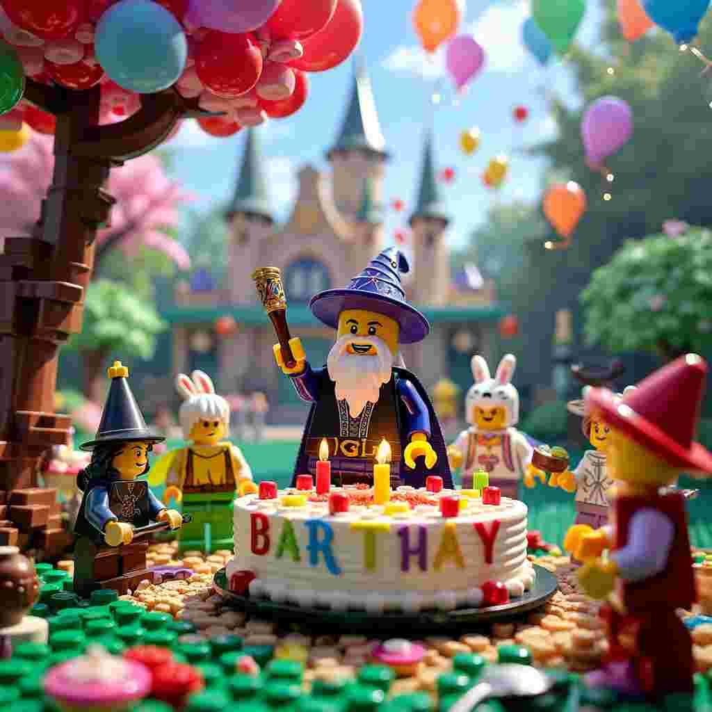 Picture this: A whimsical birthday scene unfolds in a vibrant, imaginative mashup of Lego and magic. At the center of the scene stands a Lego wizard, complete with a tall, conical hat and flowing, brick-built robes. His wand, a shimmering piece of translucent Lego, is raised high, casting a spell.

The background reveals a colorful Lego castle, complete with turrets, drawbridges, and flags waving in the breeze. The castle bricks are interspersed with magical elements, like glowing crystal bricks and enchanted, animated Lego creatures – think Lego unicorns prancing and a dragon whose wings flap on gears.

In the foreground, a group of Lego minifigures, dressed in various magical costumes – a Lego fairy with delicate, butterfly wings, a knight in shining armor, and a mischievous Lego jester with a tri-pointed hat and a jingling bell – are gathered around a large, tiered Lego birthday cake. The cake itself is a marvel, with layers of colorful bricks and tiny, flickering, magical candles.

Above the cake, the air is filled with floating Lego balloons in every imaginable color, some even shaped like stars and moons, thanks to the wizard's spell. Scattered around are enchanted Lego animals: a brick-built owl perched on a tree made of brown and green bricks, a pair of Lego rabbits pulling a tiny Lego cart filled with presents, and a chattering squirrel, holding a Lego acorn.

At the side, a mischievous Lego minifigure with glasses (clearly inspired by Calvin from Calvin and Hobbes) is seen sneaking a piece of cake while holding a small potion bottle, causing the cake slice to hover magically. Nearby, a Lego witch on a broomstick zooms by, leaving a trail of sparkling Lego dust.

Every inch of the scene is detailed with bricks and magic, from the enchanted forest background with its detailed Lego foliage to the wizard's ornate spellbook, open on a pedestal, filled with tiny Lego glyphs. The sky above is dotted with fluffy Lego clouds and a radiant Lego sun, casting a cheerful light over the entire magical birthday celebration.

This playful and enchanting scene is brimming with details, offering endless delight and discovery with every look.
Generated with these themes: Lego, and Magic.
Made with ❤️ by AI.