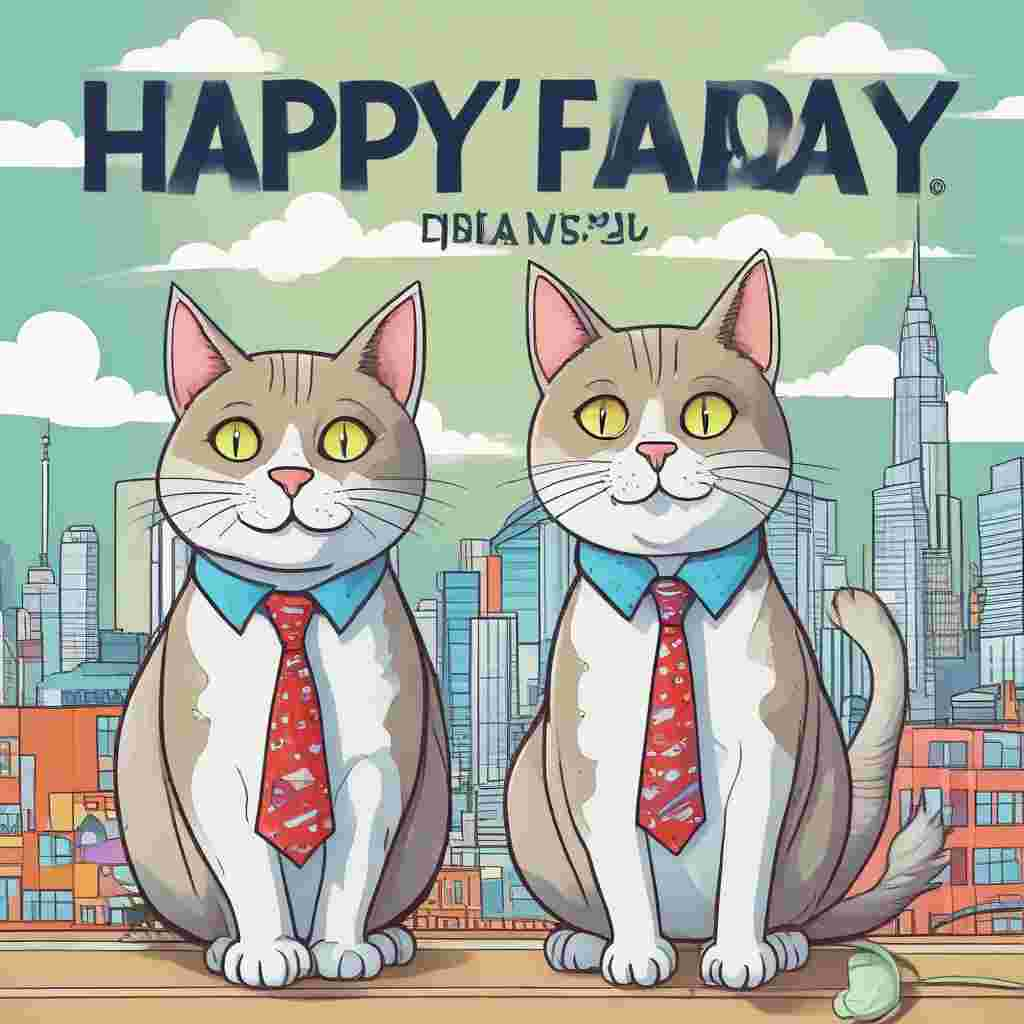 Cartoon Cute, An image in a playful, cartoon style showcasing a city landscape with famous tall twin buildings in the background beneath a cloudless azure sky. Two delightful cats appear in the foreground; one sports a neat little tie, and the other adorns a funny mustache. They hold between themselves a banner that reads 'Happy Father's Day' in vibrant, bold script. Surrounding these two cats, the scene is made cheerful and poignant by child-like illustrations of hearts, stars, and gifts typically associated with Father’s Day.
Generated with these themes: Twin towers, and Cats.
Made with ❤️ by AI.