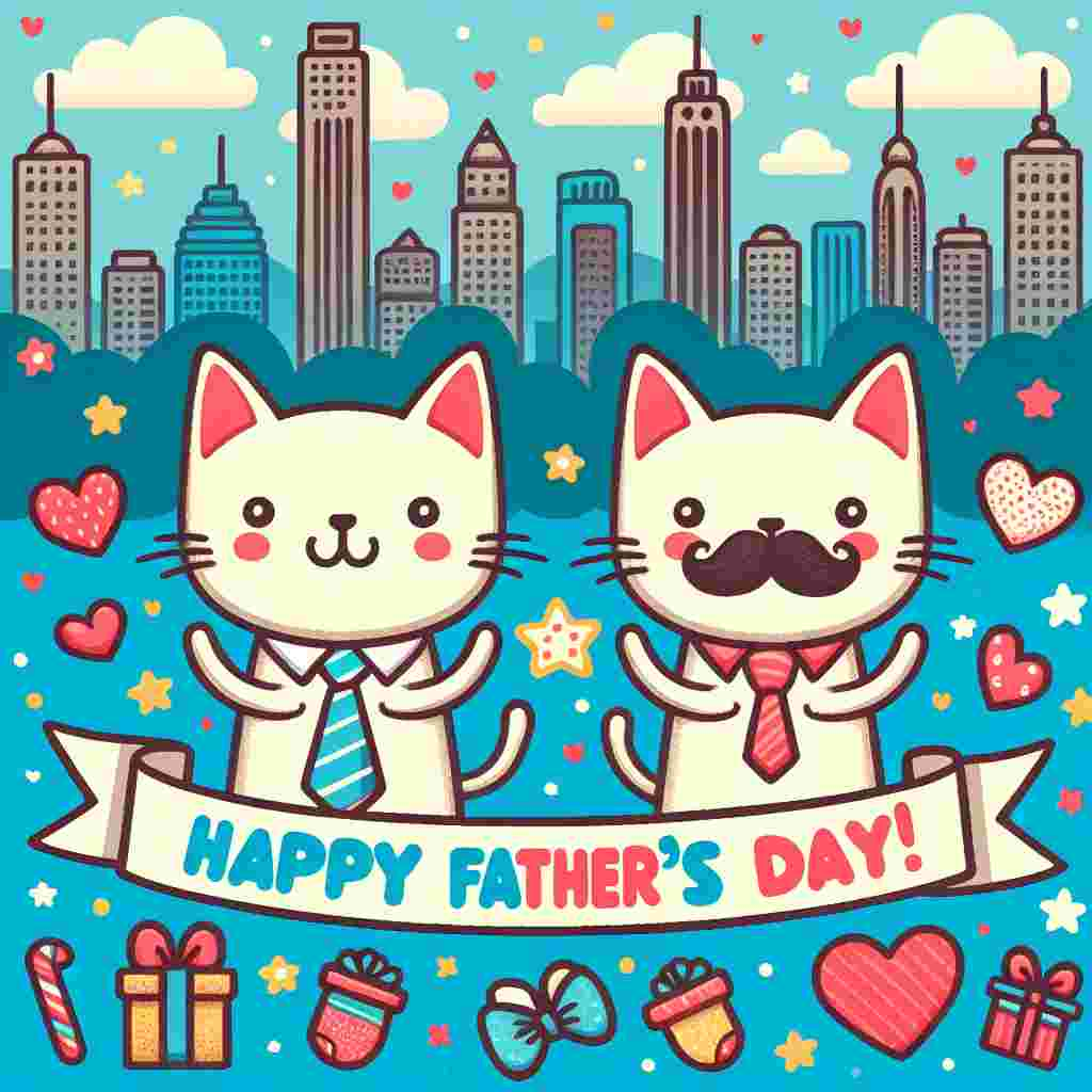 An image in a playful, cartoon style showcasing a city landscape with famous tall twin buildings in the background beneath a cloudless azure sky. Two delightful cats appear in the foreground; one sports a neat little tie, and the other adorns a funny mustache. They hold between themselves a banner that reads 'Happy Father's Day' in vibrant, bold script. Surrounding these two cats, the scene is made cheerful and poignant by child-like illustrations of hearts, stars, and gifts typically associated with Father’s Day.
Generated with these themes: Twin towers, and Cats.
Made with ❤️ by AI.