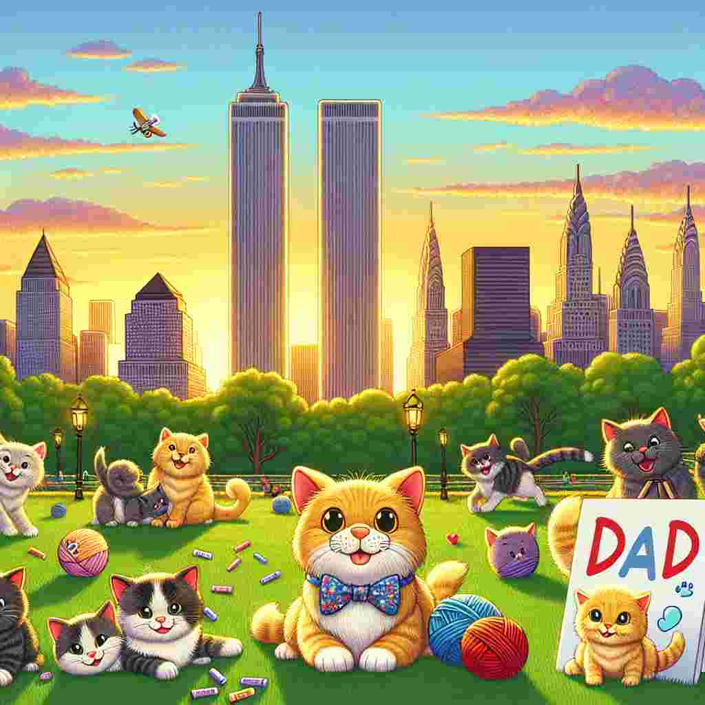 A whimsical cartoon skyline showcases the iconic Twin Towers bathed in the warm hues of a sunset. In the foreground, a splendid green park is teeming with adorable cats of various breeds. Each feline is participating in distinct Father's Day celebrations— some cats are artfully sketching 'Dad' with colorful chalk on the pavement, while others chase balls of yarn labeled with 'Dad'. At the heart of this heartwarming scene, a dapper kitten in a bow tie resides next to an exaggeratedly large Father's Day card. The scene radiates a joyous and enchanting sentiment without the physical presence of a father.
Generated with these themes: Twin towers, and Cats.
Made with ❤️ by AI.