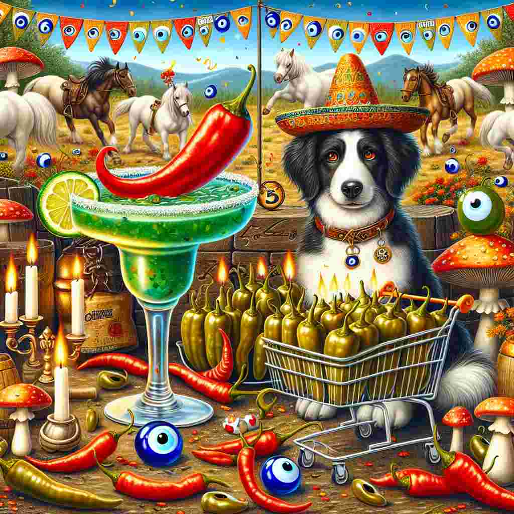 This image illustrates a captivating birthday scene dominated by a cartoonish Margarita drink with a chili sitting on its rim as a garnish. A whimsical Burmese Mountain Dog, dressed in a collar decorated with evil eye charms, looks curiously at an array of pickled peppers arranged in an antiquated shopping cart. Surrounding the central scene are toadstools that add a touch of enchantment to the landscape. In the background, horses frolic and prance amidst scattered icons of evil eyes, adding an element of mysticism. The vibrant pickled peppers scattered throughout the scene enhance the celebratory ambiance.
Generated with these themes: Margarita with chilli, Burmese mountain dog, Pickled peppers, Evil eye, Toadstools, Vintage shopping, and Horses.
Made with ❤️ by AI.