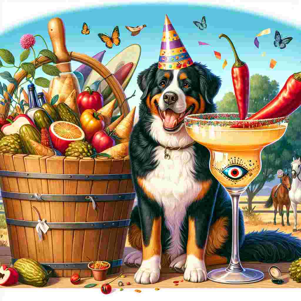 Create a charming illustration themed around birthdays. The main focus should be a big Burmese mountain dog, cheerfully wearing a party hat and sitting next to an antiquated shopping basket filled to the brim with tangy pickled peppers. Near the dog, bring into the scene an elegantly prepared margarita, embellished with a hot chili pepper indicating a fiery festivity. Incorporate some fanciful toadstools spread around the scene and include subtle symbols of the evil eye that signify protection and prosperity. Render some horses in the distant background, playfully frolicking and enhancing the overall atmosphere of joy and freedom in the image.
Generated with these themes: Margarita with chilli, Burmese mountain dog, Pickled peppers, Evil eye, Toadstools, Vintage shopping, and Horses.
Made with ❤️ by AI.