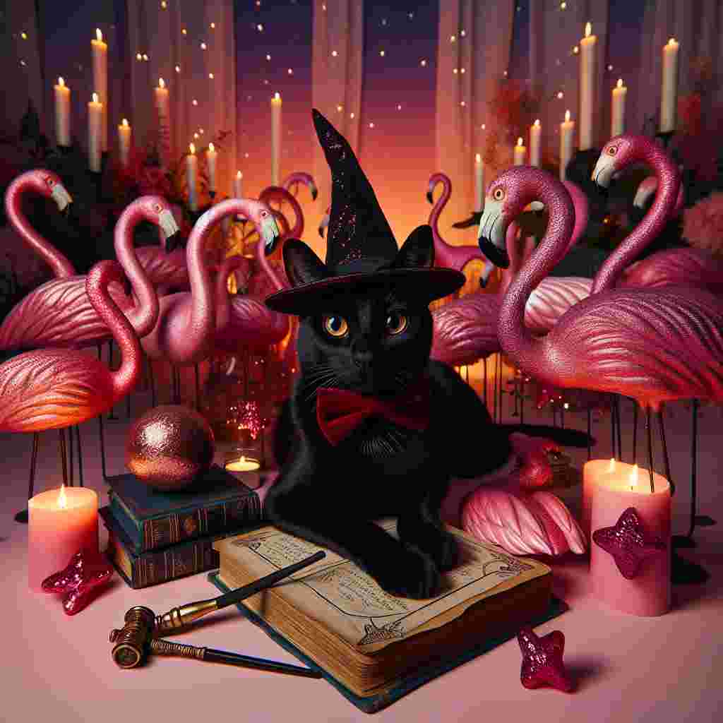 Imagine a charming scene where a sleek black cat, sporting a deep red bowtie, lounges comfortably among a backdrop of rosy-coloured flamingos. The flamingos form a heart shape, enhancing a romantic vibe reminiscent of Valentine's Day. Incorporated into this magical setup are wizard-themed elements; a pile of ancient spellbooks, a mysterious wand, and a shiny golden orb, all meticulously arranged to spell out the enchanting words 'I love you'. The setting is lit by the soft shimmer of candles, producing a mesmerising ambiance ideal for Grand Romantic Gestures.
Generated with these themes: Black cat, Flamingos , and Harry potter.
Made with ❤️ by AI.