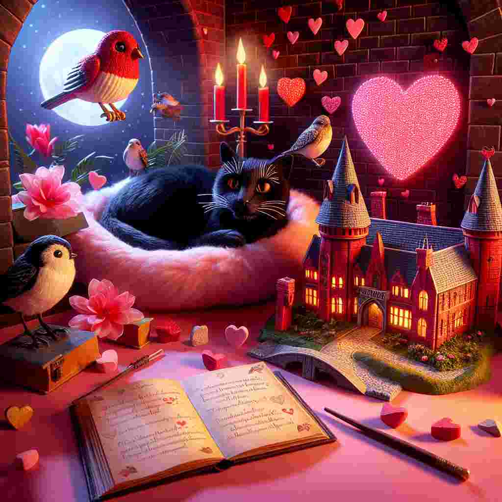 Visualize a snug corner where a plush black cat nestles, having a tranquil demeanor, along with a scaled-down wizarding school built from red and pink bricks. Tropical birds, each adorned with a heart-shaped charm, socialize around the school's vicinity, embodying the harmony of affection. In the forefront, an open magical book showcases an enchanting affection potion recipe, whereas a heart-shaped mystical guardian glows, lighting up the scene. The entire setting radiates a warm, lifelike Valentine's Day charisma, bewitching any couple with a fascination for wizardry tales.
Generated with these themes: Black cat, Flamingos , and Harry potter.
Made with ❤️ by AI.