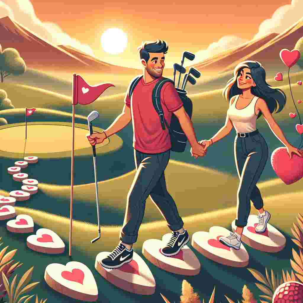 Create a Valentine's Day themed illustration set against a sunset on a hilly terrain, blending romance and outdoor adventure. A Hispanic man and a Caucasian woman are playfully hiking towards a golf hole flagged with a heart symbol. They leave a trail of stepping stones shaped like love hearts behind them. The setting is characterized by a joyful atmosphere; the couple is shown juggling golf balls and candy hearts, exchanging smiles that symbolize their mutual love and shared enthusiasm for each other and their hobbies.
Generated with these themes: Golf, hiking, Funny, and Love.
Made with ❤️ by AI.
