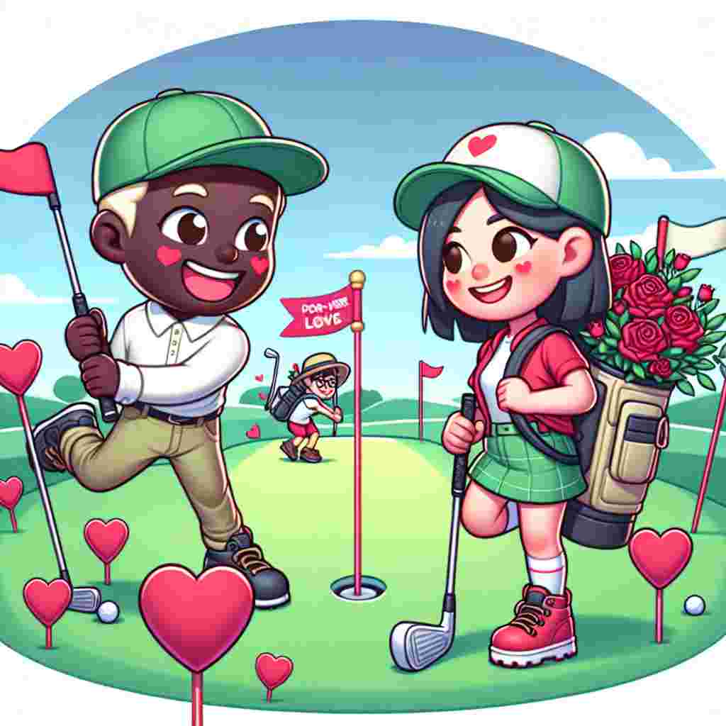Create a lively and vibrant illustration showcasing a playful Valentine's Day at a golf course. In this scenario, two cheerful characters of unspecified gender and diverse descent (one East Asian and other Black) are engaging in a humorous pose. The first character holds a heart-shaped golf club, while the other character is dressed in hiking gear and has a backpack brimming with roses. The green course is adorned with flags shaped like hearts, and a distinct banner in the background boldly states 'Fore-ever Love', representing an atmosphere of joy and romance.
Generated with these themes: Golf, hiking, Funny, and Love.
Made with ❤️ by AI.