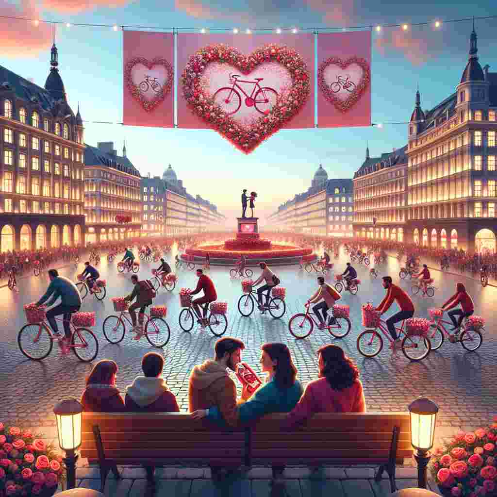 Depict a vibrant city square bustling with activity, infused with the romantic ambiance of Valentine's Day. Cyclists of diverse descents and genders, each pedaling bikes ornamented with floral displays and red ribbons, are passing by. The square is softly lit by the warm glow of street lamps, highlighting benches where partners of various descents and both genders sit close together, sharing chocolates. In the sky, banners gently sway in the wind, displaying a design of bikes intertwined inside a heart.
Generated with these themes: Bikes.
Made with ❤️ by AI.