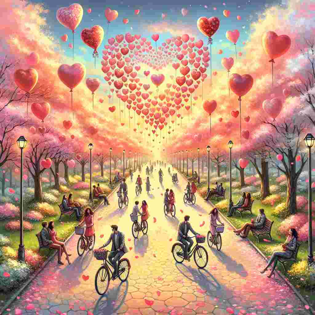 Imagine a romantic, cheerful Valentine's Day illustration. The setting is a sun-drenched park frequented by a variety of couples leisurely riding tandem bicycles. Each bicycle is artfully adorned with balloons, distinctive due to their heart-shaped formations. The pathways throughout the park are edged with trees, all enthrallingly in bloom, and pink petals whimsically drift from their branches, painting the park with soft, chromatic confetti. Overhead, the sky, awash with the gentle hues of twilight, is decorated by a faint heart-shaped cloud subtly showcased, thereby reinforcing the theme of love permeating the air.
Generated with these themes: Bikes.
Made with ❤️ by AI.