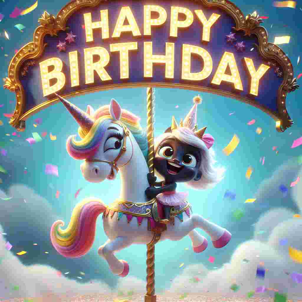 A bright and cheerful cartoon where a beaming granddaughter dressed in a party hat rides atop a carousel unicorn. Confetti rains down all around, and the joyous 'Happy Birthday' message is emblazoned across the top in bold, rounded letters against a sky blue background.
Generated with these themes: granddaughter  .
Made with ❤️ by AI.