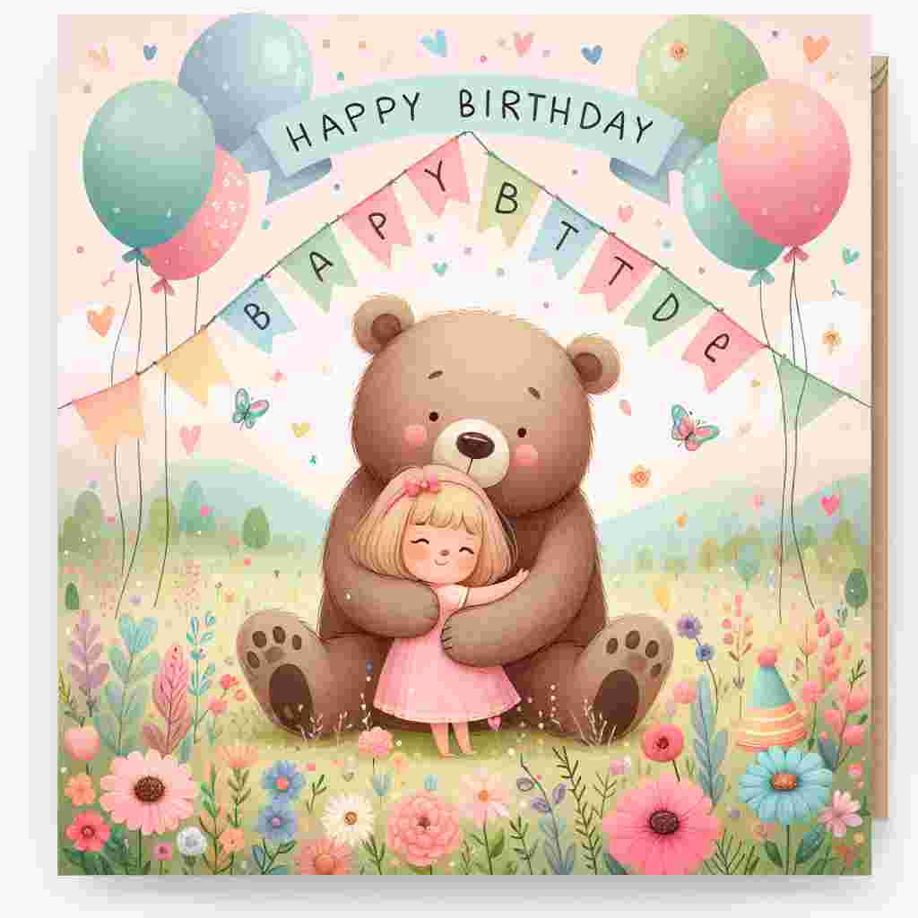 A pastel-colored birthday card featuring a whimsical scene of a young girl hugging a giant, friendly bear amidst a field of blooming flowers. Banners and balloons float in the air, and 'Happy Birthday' is written in soft, playful script above the granddaughter's head.
Generated with these themes: granddaughter  .
Made with ❤️ by AI.
