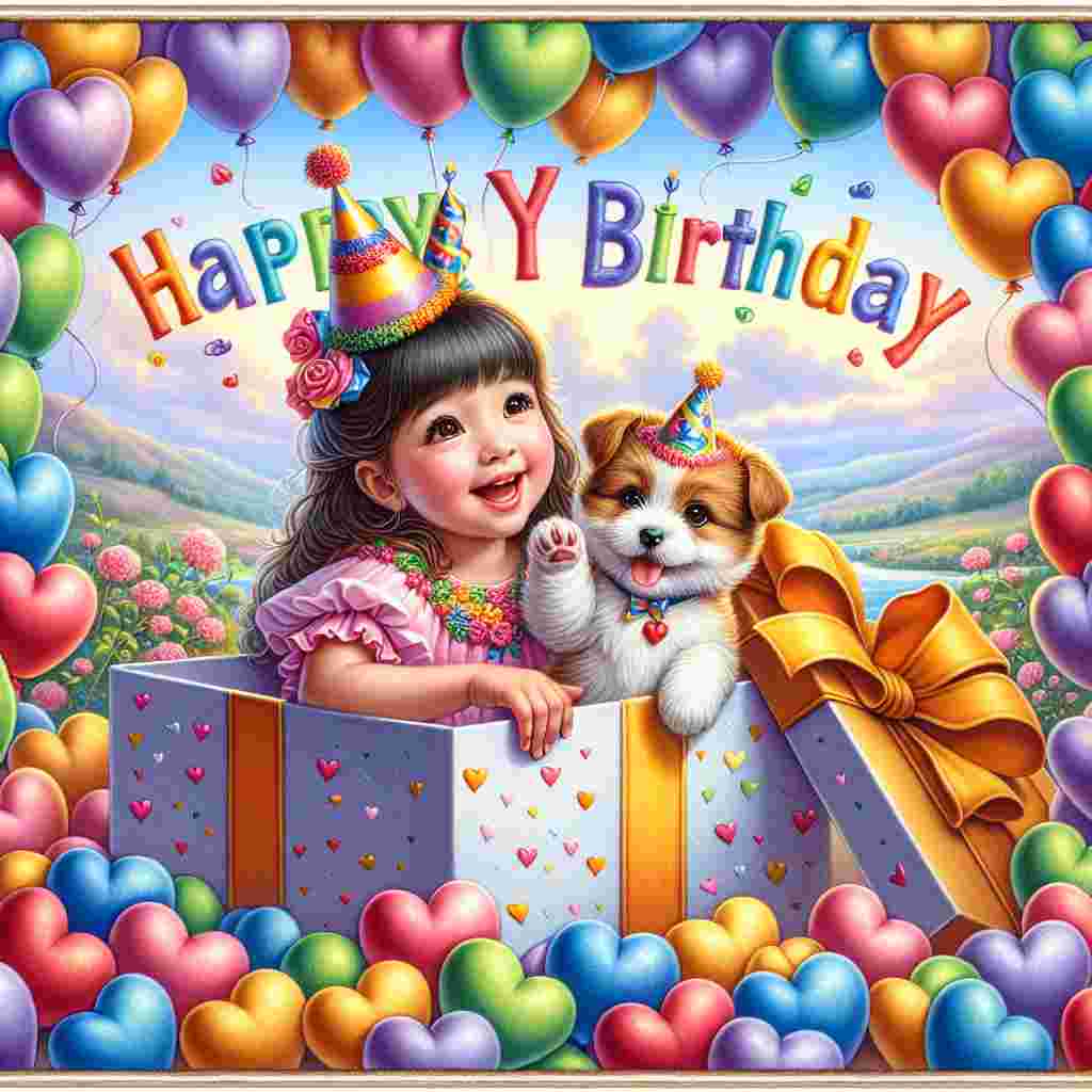 A scene depicting a young granddaughter and a puppy wearing a party hat, both peeking out of a large, beautifully wrapped gift box. The vibrant 'Happy Birthday' greeting arches across the top of the illustration, framed by clusters of floating heart-shaped balloons in soft colors.
Generated with these themes: granddaughter  .
Made with ❤️ by AI.
