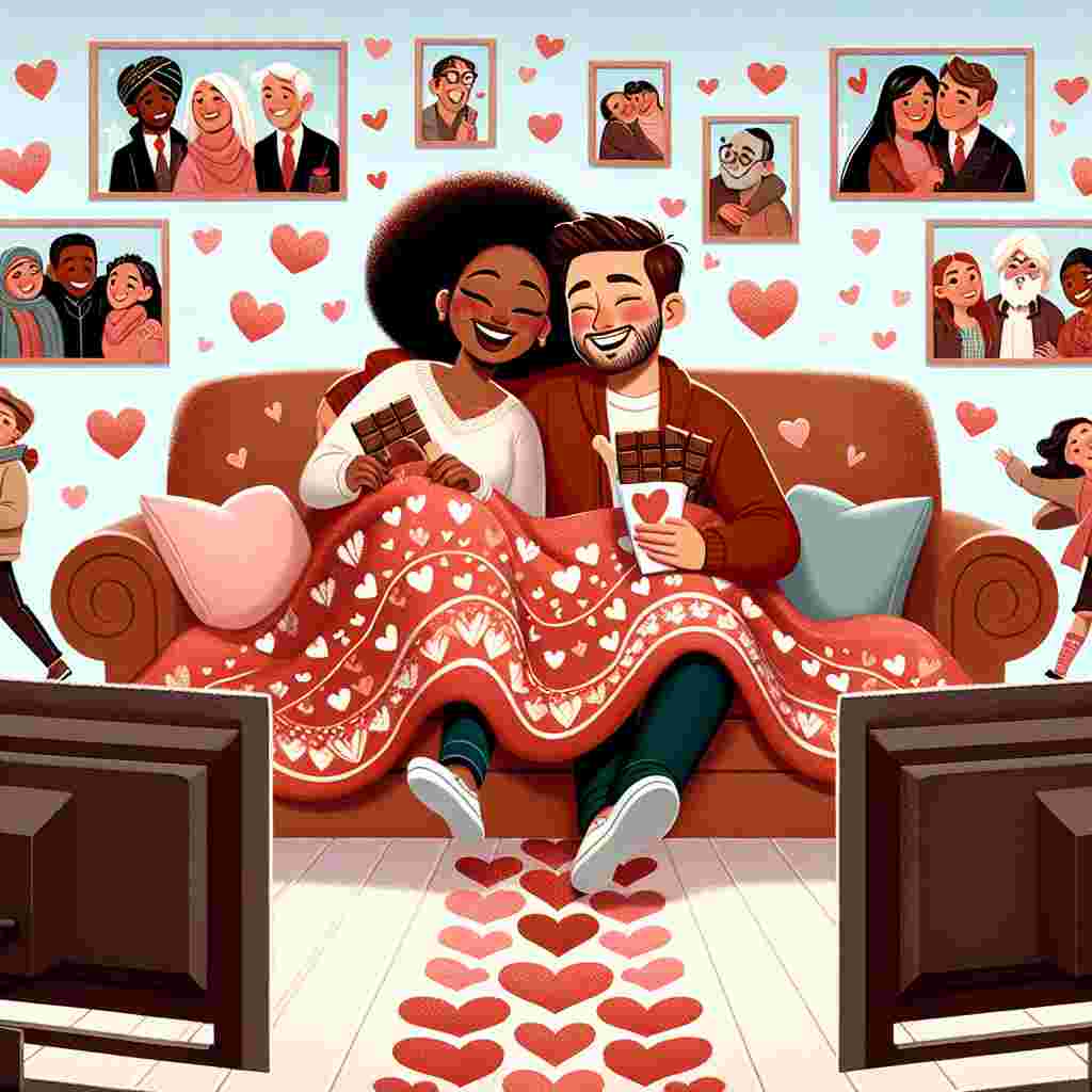Create a charming Valentine's illustration depicting the essence of love set in a warm living room environment. In the center of the scene, there is an enthusiastic mixed-race couple, a Black woman and a Caucasian man, cuddling under a blanket with heart patterns. They appear to enjoy a large chocolate bar together, laughing at a romantic comedy playing on a television screen. The borders of the illustration are adorned with small vignettes of diverse couples such as a South Asian man and a Hispanic woman, a Middle-Eastern woman and a South Asian man, and a Black man and a White woman, all of them strolling along a path scattered with hearts, metaphoric for the journey of love.
Generated with these themes: Chocolate, Cuddles, TV , and Walking .
Made with ❤️ by AI.