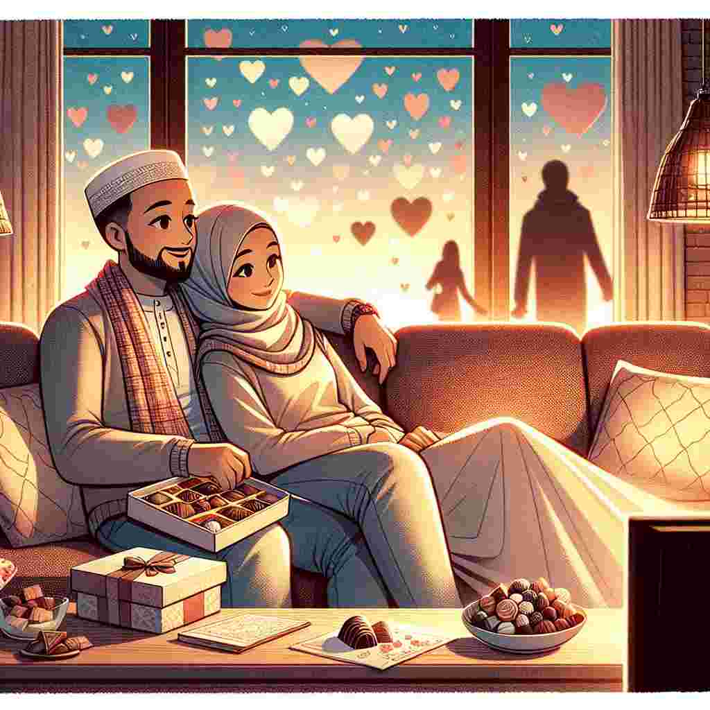 Craft an illustration showcasing a Valentine's Day scene. This scene presents a loving Middle-Eastern couple, comfortably sitting on a plush sofa, sharing a box of assorted chocolates. They are entwined in a warm embrace, their eyes focused on a popular television show, epitomizing comfort and intimacy. The room is bathed in gentle, romantic lighting. Through a convenient window, another couple, this one of Hispanic descent, is observed. They walk leisurely, hand in hand, under a sky filled with floating hearts, manifesting a sense of romance.
Generated with these themes: Chocolate, Cuddles, TV , and Walking .
Made with ❤️ by AI.