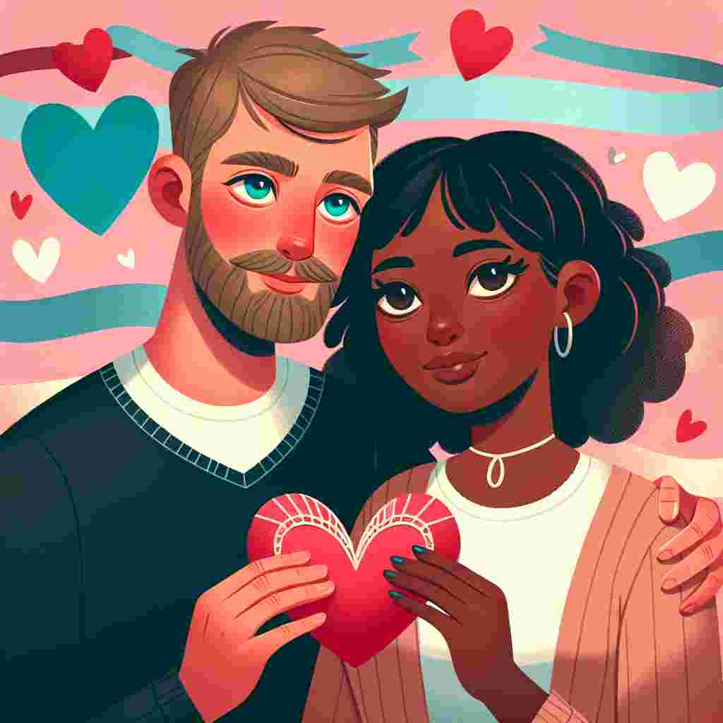 Generate an endearing Valentine's Day illustration. It features a warm scene where a Caucasian man with a shaven head and a touch of facial hair stands next to a loving black woman whose eyes gleam with affection. Their environment is a playful blend of pastel hearts and ribbons. They both gently hold a handcrafted red heart between them, the symbol of their shared love on this special celebration.
Generated with these themes: White man with shaven head and slight facial hair and black women.
Made with ❤️ by AI.