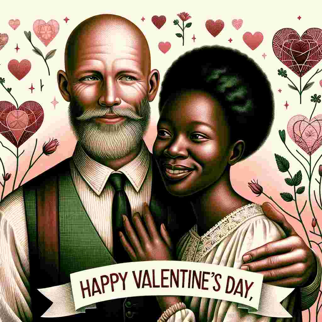 Create a sentimental and affectionate illustration that encapsulates Valentine's Day. A bald Caucasian man with slight stubble wraps his arms around a Black woman, whose hair is styled in an elegant manner. They're set against a background adorned with fragile pink and red hearts, their smiles radiating a sense of warmth that feels tangible. Above them, a banner proudly displays the words 'Happy Valentine's Day,' encapsulating the spirit of this celebration of love.
Generated with these themes: White man with shaven head and slight facial hair and black women.
Made with ❤️ by AI.