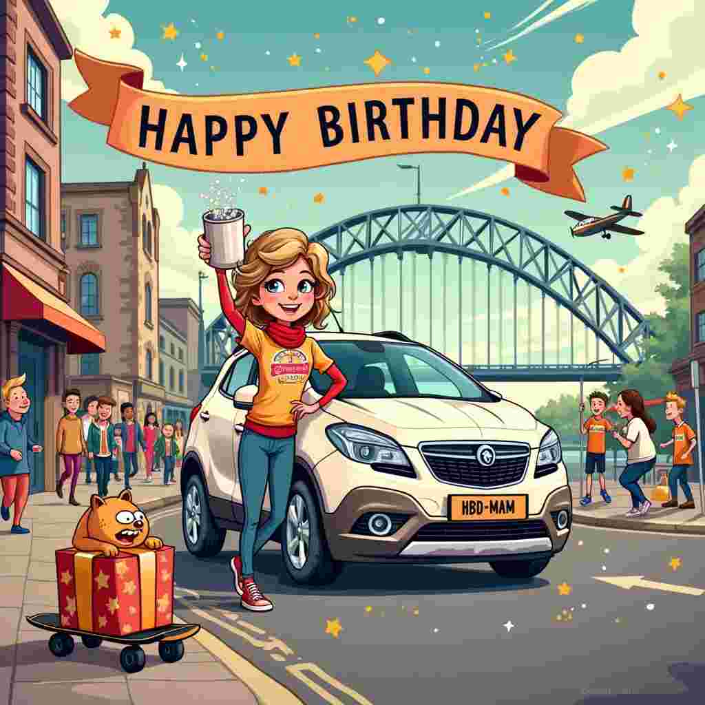 Sure, here’s the scene described in detail for the birthday greeting card:

In the foreground, we have a vibrant, bustling scene set in a cartoon version of Newcastle. Imagine the iconic Tyne Bridge whimsically arched in the background, its steel structure accentuated with rose gold hues that glimmer and catch the eye.

Front and center, a cheerful cartoon Mam is portrayed with an infectious grin and playful energy. She’s holding a larger-than-life, sparkling aquarius jug overflowing with twinkling water that cascades down in a shimmering arc. Her outfit is quirky yet stylish, perhaps a rose gold scarf around her neck and bright, contrasting colors that make her stand out.

Parked just slightly off to the side but still prominent, is a pristinely detailed, white Vauxhall Mokka. It has exaggerated features typical of cartoon vehicles - oversized wheels and a shiny, polished look that makes it appear almost new. The license plate humorously reads "HBD-MAM."

Around the Mokka, we see a gaggle of quirky, cartoon characters in motion. Some are Newcastle locals wearing "Toon Army" jerseys and others are whimsical interpretations of Newcastle’s famous landmarks - perhaps the Millennium Bridge personified, bending to shake hands with the Tyne Bridge. 

Above this lively scene, a banner stretches across the top of the card, adorned with playful, balloon-like letters spelling out "Happy Birthday!" with tiny stars and confetti scattering around it. 

A mischievous Calvin-and-Hobbes-inspired child character is seen riding a tiny skateboard near the car, with a cheeky grin and windswept hair. 

To the left of Mam, a rose gold-colored dog with a knowing, Garfield-esque smirk lounges on a cartoonishly large birthday present wrapped in an Aquarius-themed wrapping paper, complete with glittering stars and water waves.

In the sky above, a few more elements come into play: a small airplane tows a banner that reads “Aquarius Mam Rocks!” and a couple of fluffy, cartoon clouds look like they’re engaged in a conversation, with speech bubbles saying things like, “Best Mam Ever!” and “Party Time!”

The entire scene is peppered with little details that pay homage to the referenced artists - from Peanuts-esque characters mingling about, to a touch of manga flair in the expressive eyes of the main characters, and even some Far Side-styled, slightly oddball elements like a bird playing an electric guitar on a lamppost. 

This card cover, bursting with color and whimsical detail, encapsulates the story of a joyous birthday celebration, uniquely tied to Mam’s Aquarius nature, a touch of Newcastle charm, and a stylish Vauxhall Mokka.
Generated with these themes: Mam, Aquarius, Rose gold , White vauxhall Mokka , and Newcastle .
Made with ❤️ by AI.