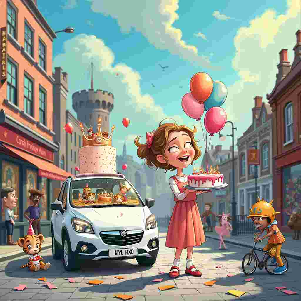 In the bustling, cobblestone streets of Newcastle, a vibrant birthday scene comes to life under a crisp blue sky. The centerpiece of this animated tableau is Mam, depicted with a warm, endearing smile and wearing a rose gold birthday crown that glimmers in the sunlight. She's holding a whimsical cake adorned with quirky, animated zodiac symbols of Aquarius, where miniature water bearers seem to dance and spill streams of stardust into the air.

Beside Mam, a cheeky white Vauxhall Mokka is anthropomorphized with a happy face on its windshield, winking one headlight and wearing a rose gold bow atop its roof. This playful car seems to be part of the celebration, surrounded by balloons and party streamers fluttering in the breeze.

To the left, the iconic Newcastle Castle towers majestically in the background, while quirky characters inspired by Charles Schulz and Bill Watterson mingle around. Picture a cartoonish Calvin and Hobbes-like duo; a little girl in a rose gold dress, chasing her stuffed tiger who's wearing a Newcastle United jersey. 

An adorable Snoopy-like dog, but with Osamu Tezuka's expressive eyes, sits at Mam's feet, wearing a tiny rose gold party hat and a thoughtful gaze. Nearby, a small group of comic-strip characters, drawn in Hergé's clean lines, marvel at a street performer dressed as a medieval knight, juggling flaming torches and balancing on a unicycle.

The far side of the scene showcases a Far Side-inspired quirky touch: a pair of cows wearing party hats, enjoying the festivity from a distance, looking comically out of place in the urban setting. In the midst of all this, a balloon vendor with an Eisner-esque style handlebar mustache sells uniquely designed balloons in the shapes of the Newcastle skyline and zodiac symbols.

At the foreground, a large, rose gold birthday banner with intricate lettering inspired by Art Spiegelman's meticulous detail spells out "Happy Birthday Mam!" The ground is sprinkled with confetti, some pieces shaped like tiny, stylized white Vauxhall Mokkas.

Every element in this scene is richly detailed, from the brick patterns of the castle to the reflections in the car’s windows, creating a bustling, humorous birthday celebration in the heart of Newcastle.
Generated with these themes: Mam, Aquarius, Rose gold , White vauxhall Mokka , and Newcastle .
Made with ❤️ by AI.