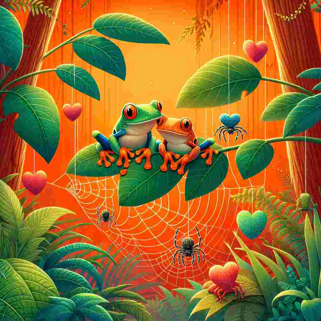 Create a charming Valentine's Day illustration on a vibrant orange background that sets a warm tone for the scene. Amidst the lush greenery of a rainforest, please showcase a pair of colorful tree frogs sitting side by side on a leaf, this should embody the spirit of companionship. Create tiny spiders, sporting miniature heart-shaped markings, dangling from their silken threads between the trees. The spiders' webs should spin and glint with dewdrops, reflecting love's tender glow.
Generated with these themes: Orange, Spiders, Tree frogs, and Rainforest.
Made with ❤️ by AI.
