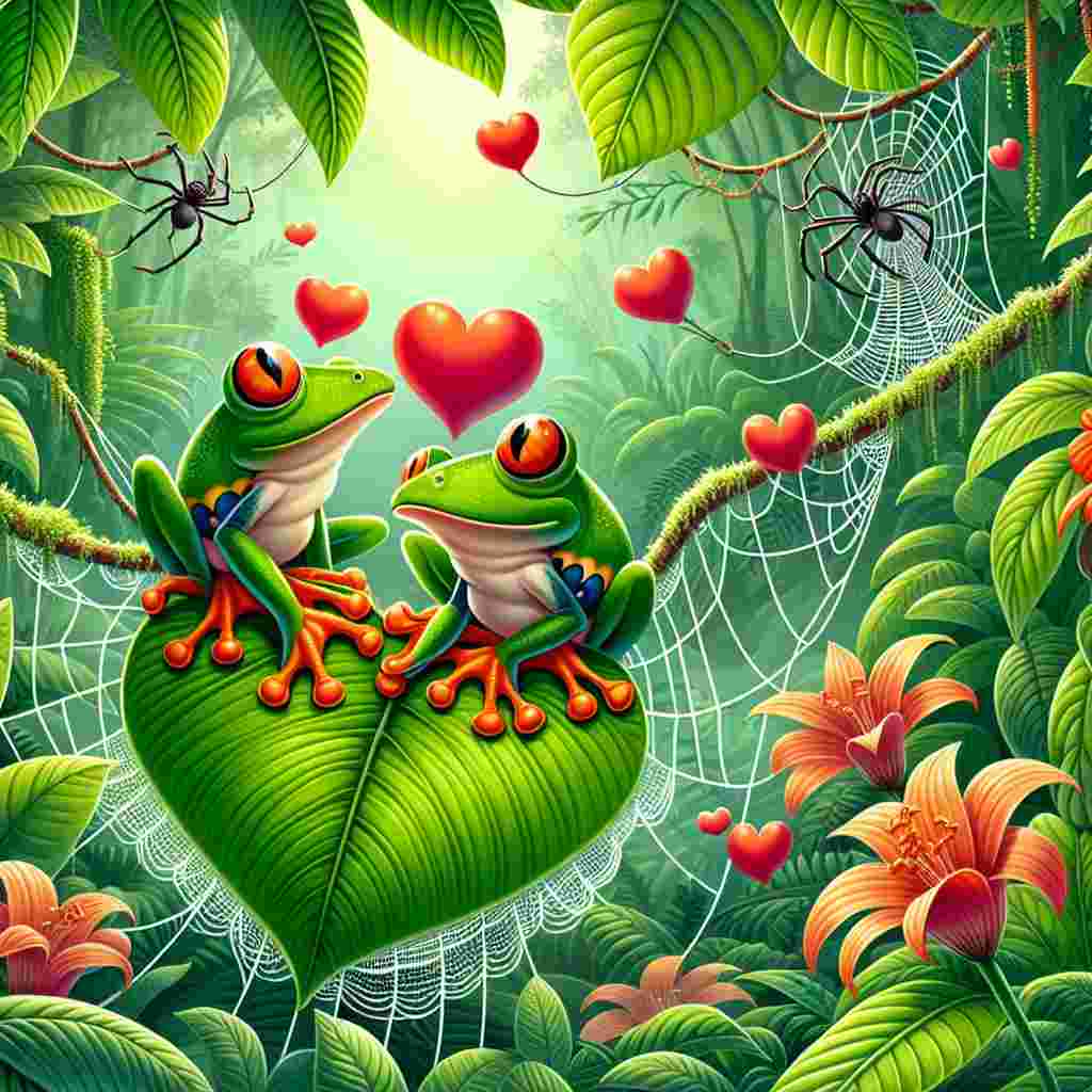 Create an affectionate illustration for Valentine's Day, set in a playful rainforest environment. Fill the scene with vibrant greens of the rich jungle foliage, highlighted with vivid orange flowers standing out against the dense flora. Delicate spiders, having legs intricately crafted like lace, are weaving their webs between the branches, each web adorned with tiny red hearts. Under this lush canopy, two smitten tree frogs with glossy eyes find themselves perched atop a heart-shaped leaf, sharing a tender moment that encapsulates the spirit of love amidst wilderness.
Generated with these themes: Orange, Spiders, Tree frogs, and Rainforest.
Made with ❤️ by AI.