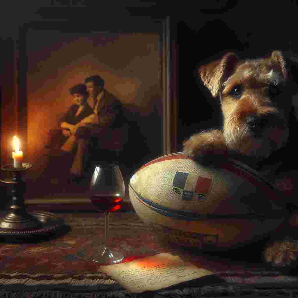 Create an image of a Valentine's Day scene filled with a melancholic atmosphere. The main focus is a terrier dog with a loyal and nostalgic expression in its eyes. It's sat on an antique rug, next to a well-used rugby ball. Both the dog and the ball are lit by the soft glow from a nearby flickering fireplace. The dog is looking towards a single untouched glass of red wine, which is sitting beside a faded photograph. The photograph depicts an anonymous couple during a moment of happiness, capturing a sense of pining for better times.
Generated with these themes: Terrier dog, Rugby, and Wine.
Made with ❤️ by AI.