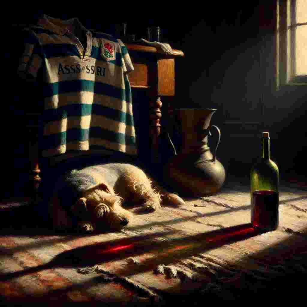 An atmospheric depiction of an intimate, dimly lit room. A lone terrier dog peacefully situated next to a well-worn rugby jersey scattered on a frayed rug, their combined presence suggesting countless sports matches enjoyed in each other's company. The scene also features a half-consumed bottle of deep red wine sitting on a close-by table, a marker of quiet sentiment, the liquid inside shimmering with the gentle light of the descending sun filtering through the window. The final rays cast elongated shadows, adding drama to the scenery of a subdued Valentine's evening.
Generated with these themes: Terrier dog, Rugby, and Wine.
Made with ❤️ by AI.
