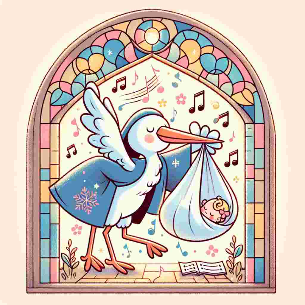 Create an illustration of a cheerful scene where a stork, dressed in a choir robe, is delicately transporting a bundle containing a peacefully sleeping baby through the stained glass window of an old-fashioned church. The air around them is filled with floating musical notes, symbolizing the melodic lullabies and hymns echoing around, marking the joyful event of the baby's arrival.
Generated with these themes: Music , and Church.
Made with ❤️ by AI.