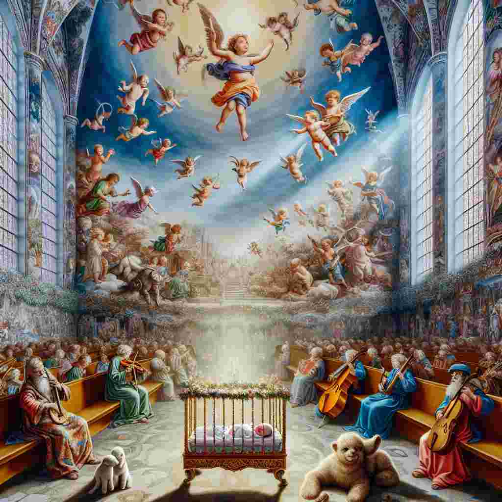 Visualize a magical church interior, filled with delightful animals of diverse species performing harmonious music on an array of instruments. At the heart of the scene, let there be a crib bathed in gentle illumination, with a tranquil newborn resting inside. Hovering over the scene, a magnificent fresco revealing cherubs of varying descents can be seen, all seemingly joining in the tranquil melody reverberating through the holy site, ultimately offering a celestial element to this jubilant celebration of the beginnings of life.
Generated with these themes: Music , and Church.
Made with ❤️ by AI.