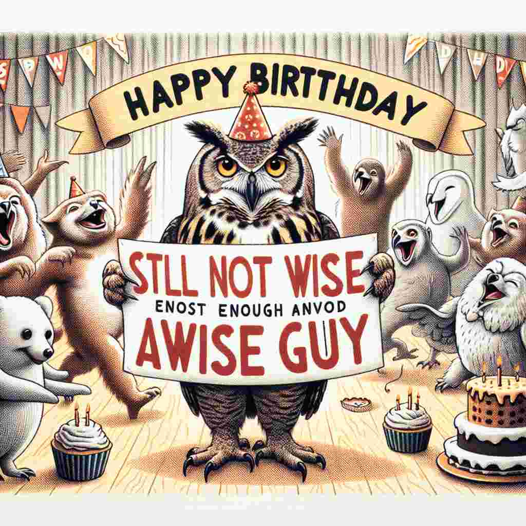The illustration shows a birthday scene with a group of playful animals throwing a surprise party. In the center, an owl hoists a sign that reads 'Happy Birthday, wise guy,' with smaller text below that jests, 'Still not wise enough to avoid aging.' The scene balances cuteness with a friendly, teasing insult.
Generated with these themes: insulting  .
Made with ❤️ by AI.