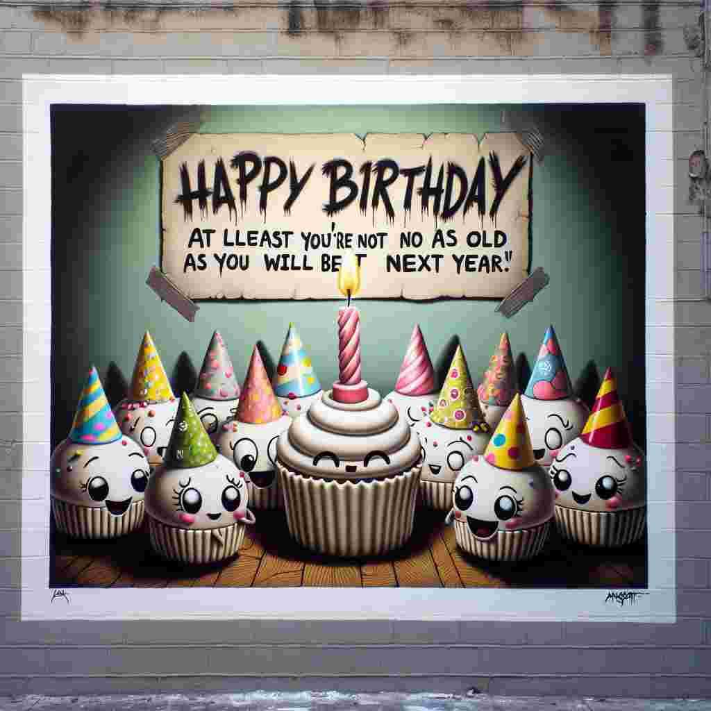 An illustration features a group of anthropomorphic cupcakes gathered around a larger cupcake with a single candle. The cupcakes have icing smiles and party hats, and in the background, the words 'Happy Birthday' are graffitied on a wall with a slight insult tagged beneath, 'At least you're not as old as you will be next year.'
Generated with these themes: insulting  .
Made with ❤️ by AI.