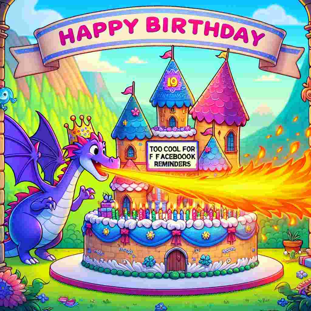 A vibrant drawing depicts a fairy-tale scene with a birthday cake castle. A cartoon dragon wearing a birthday hat breathes out 'Happy Birthday' in a stream of fire above the castle, while a banner hanging on the castle wall jokingly reads, 'Too cool for Facebook reminders.' The playful jab adds a humorous, insulting element to the birthday theme.
Generated with these themes: insulting  .
Made with ❤️ by AI.