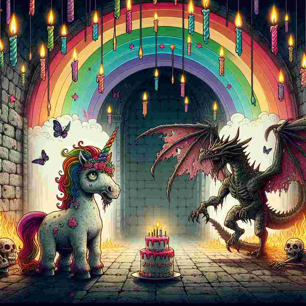 Create a whimsical and slightly darkened birthday illustration. The central subject is a bizarre yet charming zombie unicorn, standing under cascading colors of a rainbow. Situated in the background is a formidable zombie dragon, its ragged wings unfurling wide within a dimly lit dungeon. Dancing flames light up the dungeon's stone walls, casting eerie shadows that suggest hidden evils in the corners. The atmosphere carries an undercurrent of malevolence, yet it paradoxically maintains a festive air, providing a unique intersection of the macabre and the magical.
Generated with these themes: Zombie unicorn, Zombie Dragon, Rainbow, Dungeon, Fantasy, Fire, and Evil.
Made with ❤️ by AI.