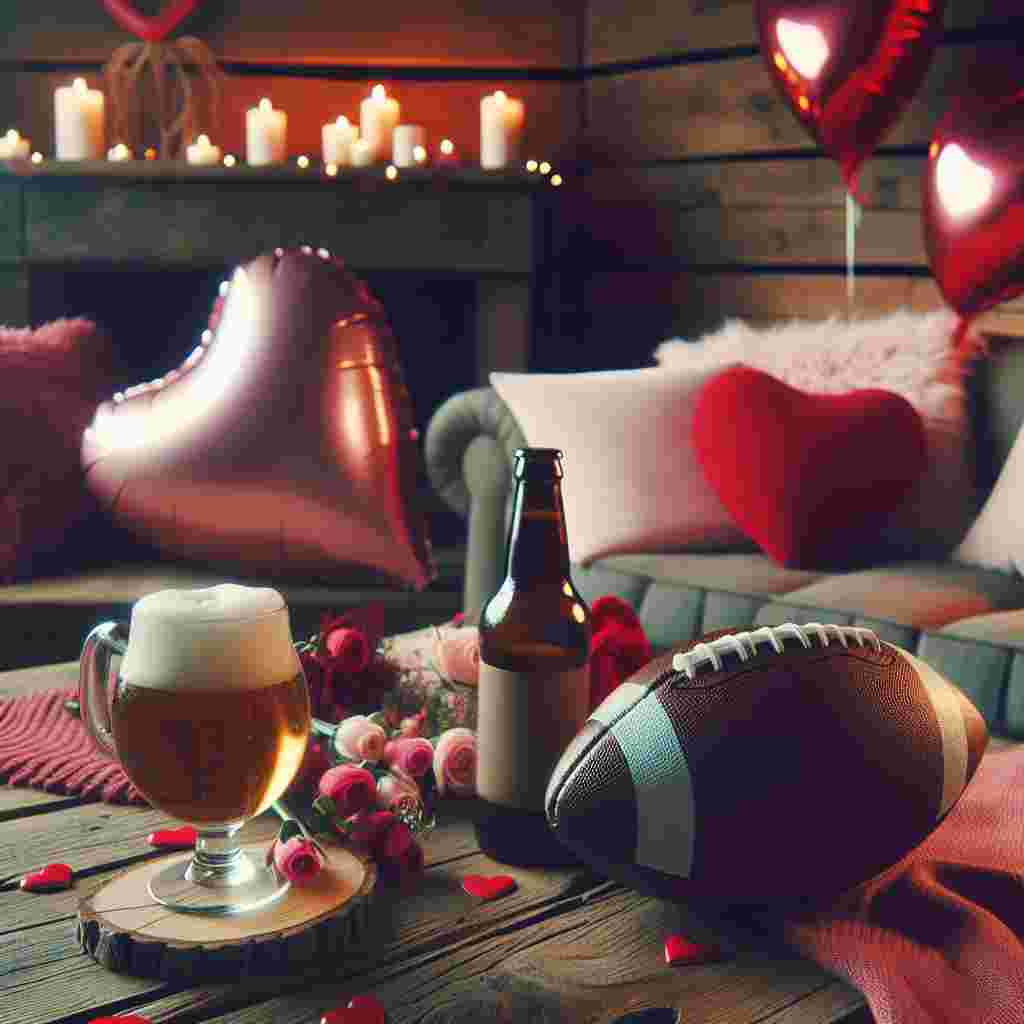 Create an evocative image that captures a cozy Valentine’s Day ambiance. Focused at the center is a rustic wooden table with a chilled craft beer and a football that signifies a shared love for music and sports. Heart-shaped balloons gently sway in one corner of the room, contributing to the atmosphere along with plush red and pink cushions scattered over a couch. The subtle and inviting scent of chocolate and roses is inferred, crafting an atmosphere that's both romantic and comfortably down-to-earth.
Generated with these themes: Beer football yungblud.
Made with ❤️ by AI.