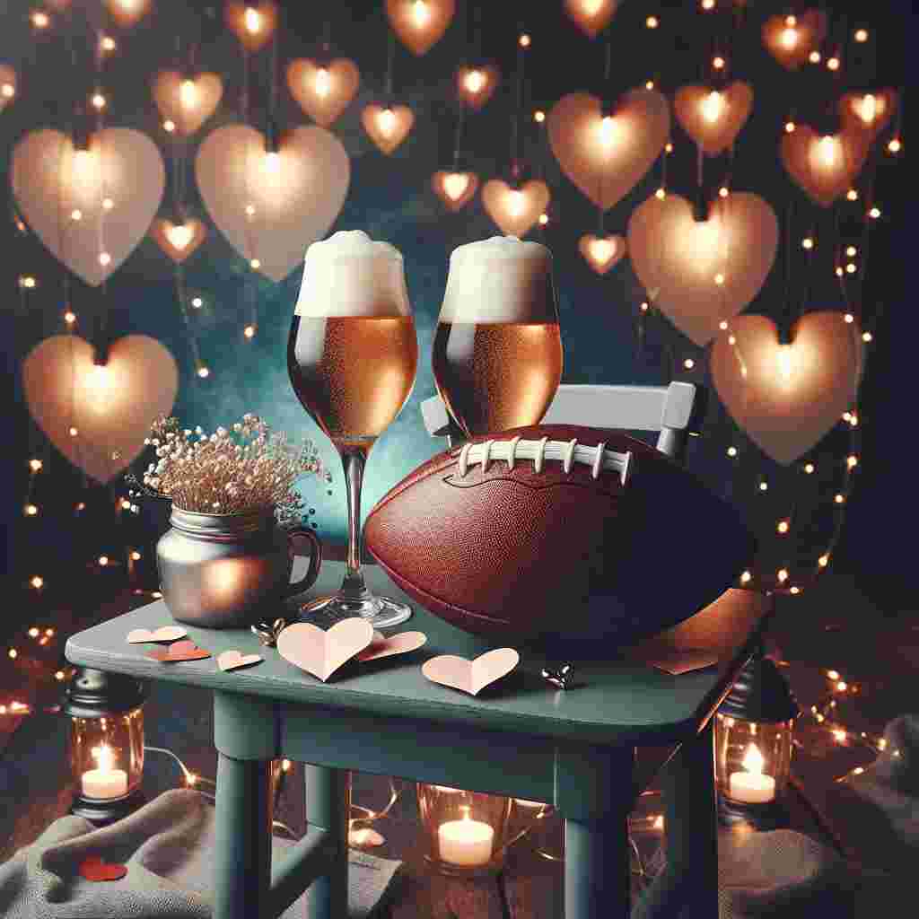 Against a backdrop of twinkling fairy lights, a setting imbued with romance and uniqueness comes to life, perfect for Valentine's Day. A petite, bistro-style table is set with two glasses of frothy beer, alluding to a relaxed yet intimate evening. A football, indicative of a playful halftime show, takes center stage between the glasses, adorned with an unidentifiable signature on its leather surface. Scattered around are delicate paper hearts, infusing the scene with the essence of love whilst adding a touch of realism. This image paints a perfect blend of celebration for a couple who think outside the traditional box.
Generated with these themes: Beer football yungblud.
Made with ❤️ by AI.