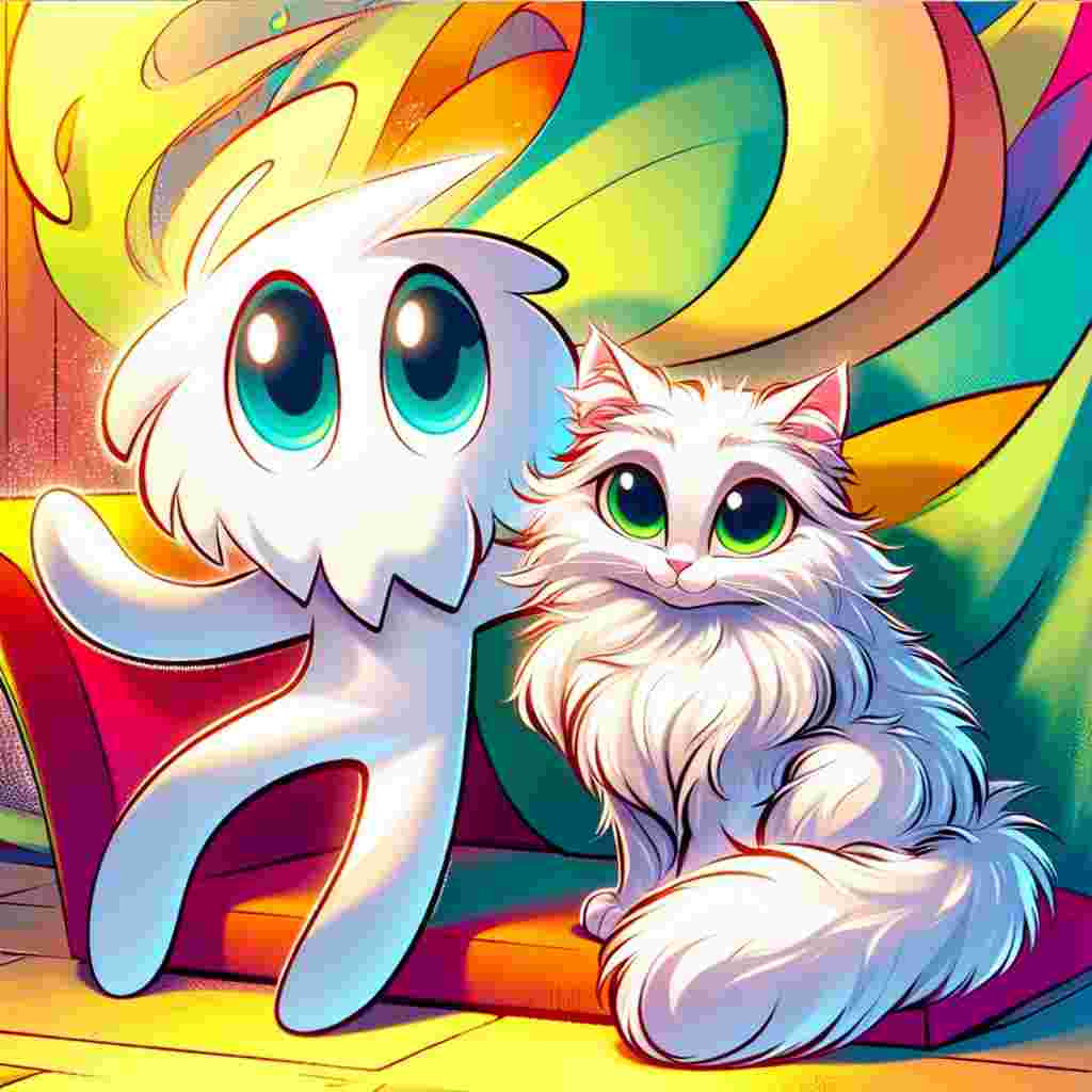 Imagine an ambiguous cartoon character that its features are undefined, lending a whimsical charm to the scene. Sitting next to this character is a Turkish Angora cat with a plush, white coat and captivating green eyes. The cat has a normal physique and its serene demeanor brings a calming presence. They are nestled within a vibrant, dynamic, and colorful cartoon setting.
.
Made with ❤️ by AI.