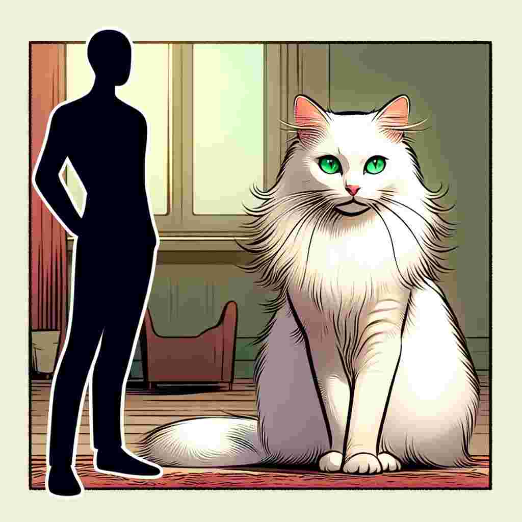 Generate a cartoon image with an imaginative character sharing a scene with an elegant Turkish Angora cat. The cat possesses a pristine white coat that contrasts vividly with its captivating green eyes. The cat's physique is of average build and it radiates gracefulness with its elegant posture.
.
Made with ❤️ by AI.