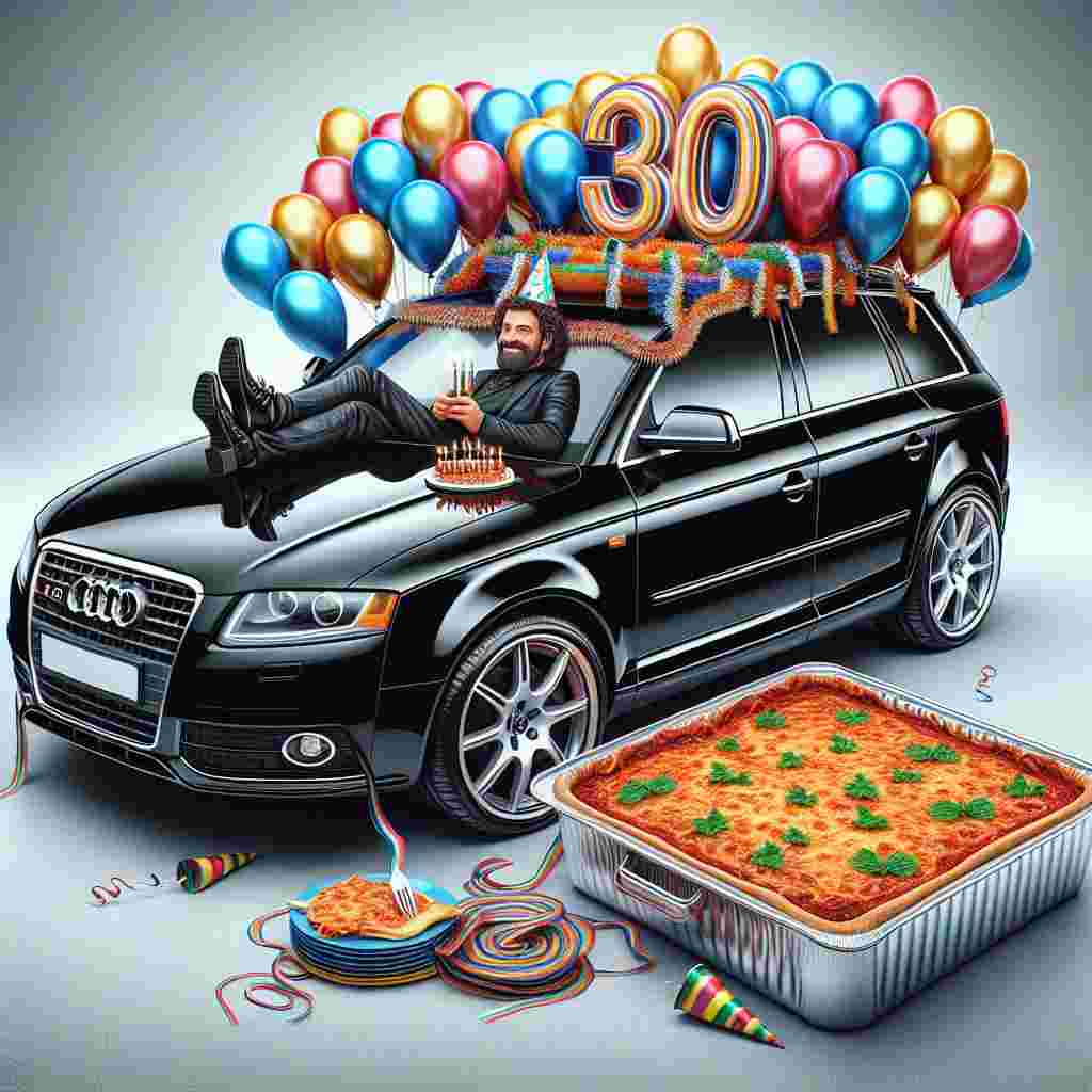 Depict a vibrant 30th birthday celebration with a glossy black Audi V5 car as the centerpiece. The car is festively decorated with balloons and streamers. An individual of undisclosed descent and gender is playfully perched inside the car, adorned with a party hat, adding a sense of humor and joy to the scene. The trunk of the car humorously overflows with trays of piping hot lasagna, inviting guests to partake in the food, conveying a unique and festive atmosphere.
Generated with these themes: 30th birthday, Black Audi v5 car, and Lasagne.
Made with ❤️ by AI.