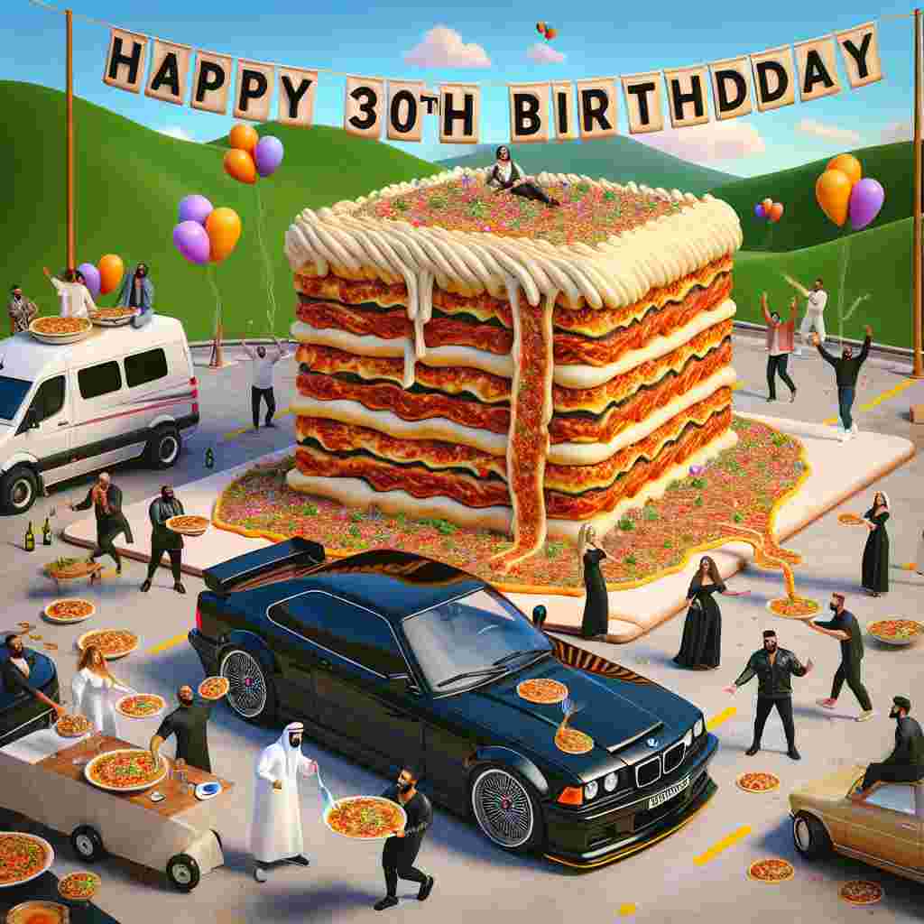 In a whimsical and amusing scene to commemorate a 30th birthday, an exaggeratedly gigantic lasagna captures attention, standing tall next to a gleaming black luxury vehicle which seems to be its 'gift' parking spot. A 'Happy 30th Birthday' banner elaborately sprawls across the vista, and various people are participating in the celebration: some individuals, notably of Hispanic and Middle-Eastern descent, are playfully pretending to maneuver the car, while others of Black and Caucasian descent are happily serving themselves generous portions of the delightful lasagna.
Generated with these themes: 30th birthday, Black Audi v5 car, and Lasagne.
Made with ❤️ by AI.