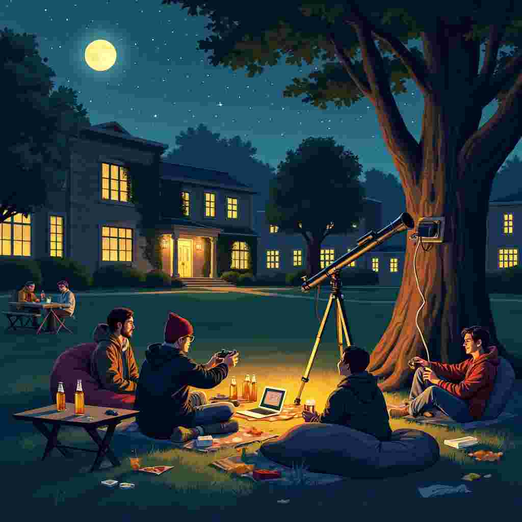 In the center of a moonlit clearing on a university campus, a group of students is sprawled out on a mix of bean bags, camping chairs, and blankets. The night sky is peppered with stars that twinkle like glitter, and a large telescope is set up, pointing towards the heavens. One student, wearing a beanie and glasses, peers through the telescope, their eyes wide with awe. Another student, holding a game controller, is playing a console that's inexplicably plugged into a nearby tree that has an electrical outlet embedded in its trunk. A laptop rests on a picnic table, with a streaming game on the screen, while various game controllers are scattered around.

To the left, there's a small folding table covered in assorted snacks – potato chips, gummy bears, and half-eaten pizza slices. Nestled among the snacks are several bottles of beer, some open and foaming slightly, others unopened but chilled, with droplets of condensation glistening in the moonlight. A few students, clearly taking a break from gaming and stargazing, clink their beer bottles together in celebration, their faces lit with laughter.

In the background, the silhouette of a university building, adorned with ivy, looms large, its windows glowing warmly. The students’ shadows stretch out across the grass, blending into the shadows cast by the tall, ancient trees that border the clearing. The scene is lively and chaotic, yet somehow harmonious – a perfect blend of stargazing wonder, gaming thrill, and social camaraderie, all bathed in the serene light of a starry night.
Generated with these themes: Star gazing  outside beer , gaming , social university student .
Made with ❤️ by AI.