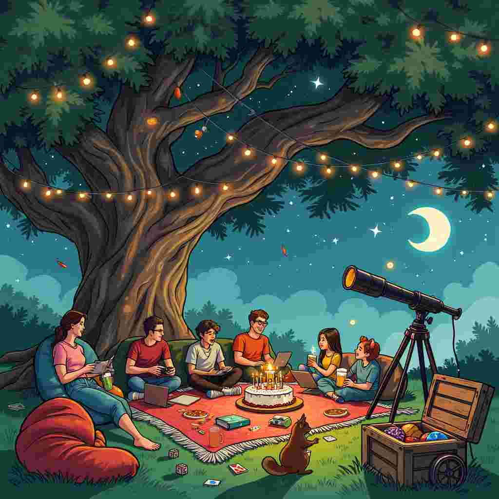 In the center of the card, an old yet vibrant oak tree spreads its majestic branches, casting a welcoming shadow over a whimsical picnic setup on a grassy knoll. Beneath the tree, a mix of colorful bean bags and worn-out yet comfy sofas are strewn haphazardly. Laptops, game controllers, and retro gaming consoles are scattered amongst them, plugged into a small portable generator that hums softly. Nearby, a vintage telescope stands on a tripod, aimed towards the twinkling night sky which is peppered with an array of bright stars and an exaggerated, oversized moon with a faint smile. 

To the right, a group of university students, clad in mismatched pajamas and quirky t-shirts, are engaged in animated conversation. They hold an eclectic mix of drinks: some have pint glasses of frothy beer, others clink together colorful cocktails in mason jars. A small cooler, bursting with an assortment of beverages, sits open nearby, with cans and bottles poking out.

In the foreground, a wooden crate serves as a makeshift table, covered with half-eaten pizzas, chips, and a birthday cake with neon-colored frosting and a single, lit candle. A birthday hat sits lopsided on the head of a curious squirrel, who’s eyeing the cake with keen interest. Nearby, a pair of dice and a deck of cards are scattered, hinting at an unfinished game. 

Strings of fairy lights, interspersed with small, hanging planets and stars, drape from the branches above, casting a magical glow over the scene. Fireflies hover around, adding a touch of enchantment. A worn-out but much-loved gaming chair, missing a wheel, is positioned near the telescope, inviting the birthday celebrant to take a turn stargazing.
Generated with these themes: Star gazing  outside beer , gaming , social university student .
Made with ❤️ by AI.