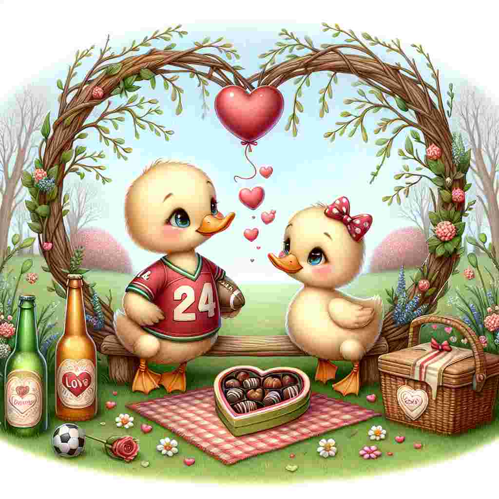 This illustration is designed to evoke feelings of love and affection for Valentine's Day. In this charming park setting, two cute ducks are depicted. One duck dons a small football jersey, carrying a miniature football under its wing, and looks lovingly at the other duck. A picnic, placed in the foreground, includes a heart-shaped box of chocolates. Additionally, there are two bottles of beer with fanciful bubbles rising in the shape of hearts from them. The whole image is beautifully framed by a wreath made of intertwined twigs and leaves, it is heart-shaped symbolizing the spirit of love and whimsy.
Generated with these themes: Ducks, Football , and Beer .
Made with ❤️ by AI.
