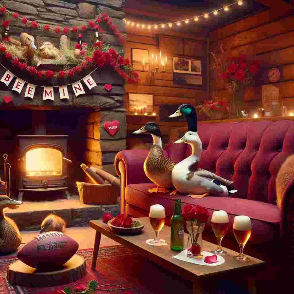 Imagine a tranquil scene inside a homely lodge, where the fireplace burns brightly. Two ducks are nestled together on a sumptuous, crimson love seat. To mark the occasion of Valentine's Day, the mantelpiece is decorated with sentimental garlands and a banner that lovingly proclaims, 'Be Mine'. Unusually, a football on the coffee table is repurposed as a vase, brimming with stunning roses. Nearby, a pair of chilled, frothy beer glasses are poised, ready for a touching toast. Soft illumination enhances the affectionate atmosphere as the ducks savor their emotional connection, enveloped in the aesthetic of their mutual hobbies.
Generated with these themes: Ducks, Football , and Beer .
Made with ❤️ by AI.