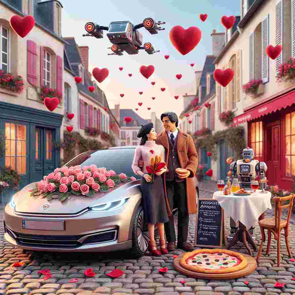 In this heartwarming Valentine's Day scene, a love-stricken pair, a Hispanic man and a South Asian woman, stand by a picturesque midsize sedan adorned with roses in a quintessential French setting. Above them, a pair of robot toys, one donning a beret and the other holding a bread loaf, hover amidst spaceships shaped like hearts. On a cobblestone street, a chalkboard outlining the science behind affection resides next to a romantic table. At this table, miniature fantasy game figurines deliver a pizza from a well-liked chain restaurant, infusing the festive ambiance with a sense of imagination and fun.
Generated with these themes: Transformers toys, Dominoes pizza, Star trek, France, War hammer, Physics, and Valvo S60.
Made with ❤️ by AI.