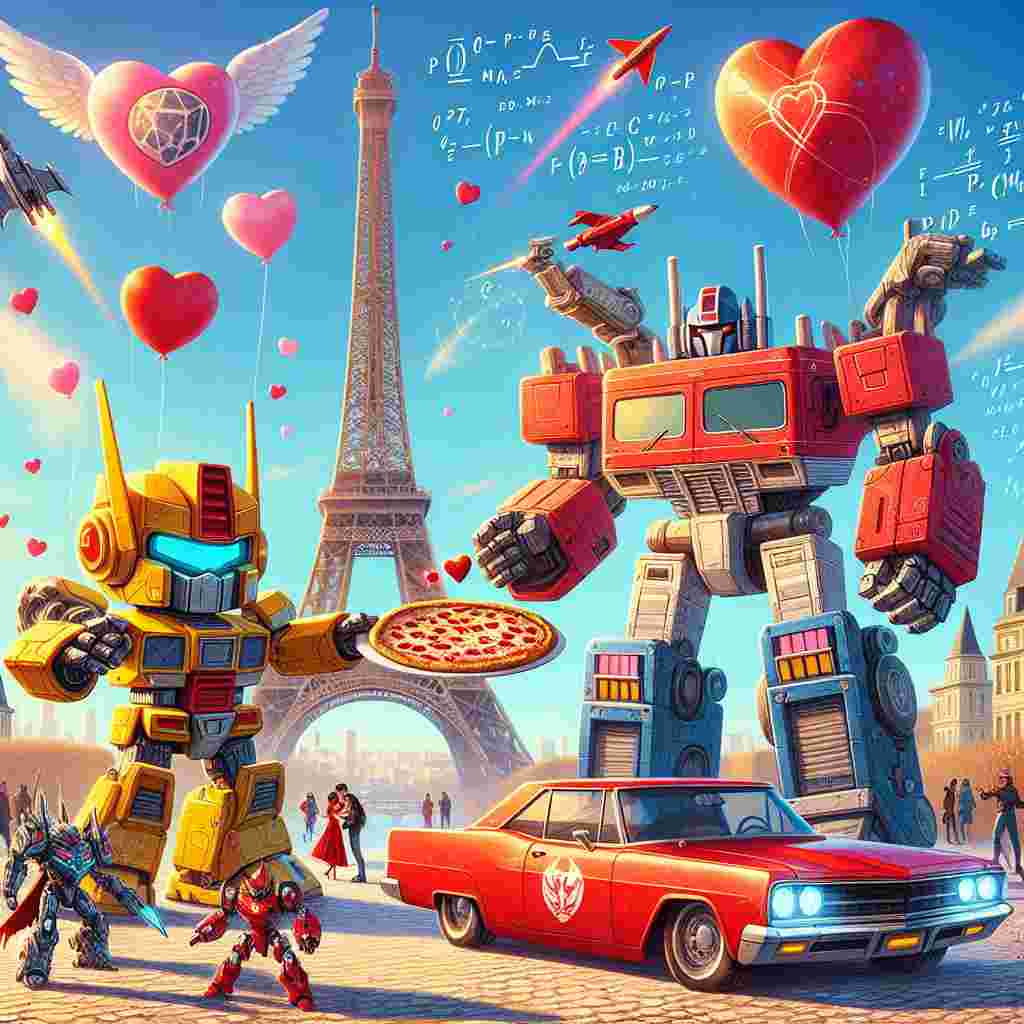 A carefree Valentine's Day animated scene showing two large robots sharing a heart-shaped pizza in front of a famous tower in Paris. The robots are depicted in primary shades of red and yellow, one being larger with a design reminiscent of a big rig truck and the other smaller, sporting a car-like form. In the skies above, heart-shaped balloons decorated with emblems associated with a popular space-faring science fiction series float. Miniature fantasy warriors skirmish over a Valentine's card on the ground. Scientific equations, perhaps pertaining to quantum mechanics and physics, surround them like Cupid's arrows. Lastly, a bright red sedan car with a giant bow awaits, ready to take a fortunate pairing into the sunset across the romantic cityscape.
Generated with these themes: Transformers toys, Dominoes pizza, Star trek, France, War hammer, Physics, and Valvo S60.
Made with ❤️ by AI.