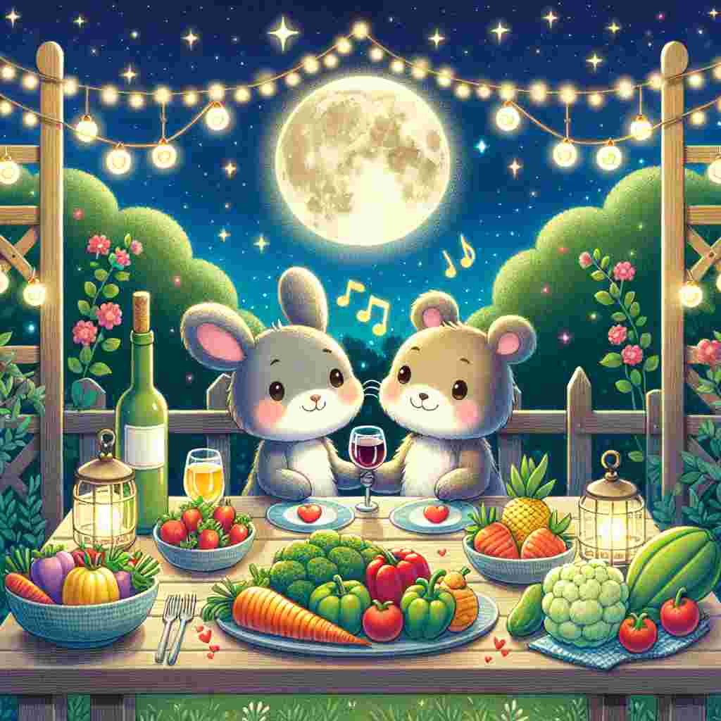 Illustrate a comfy, moon-illuminated garden where two adorable cartoon-style animals are hand in hand across a country-style wooden table. The table features a spread of vibrant, heart-formed vegetables, introducing a merry element to the scene. Overhead, a trellis adorned with fairy lights and petite musical symbols signifies a peaceful melody in the background. Amidst the vegetables, there's a cool bottle of wine with a pair of glasses, suggesting a toast to their affection under the star-studded Valentine's night.
Generated with these themes: Wine, Music, and Vegetables.
Made with ❤️ by AI.